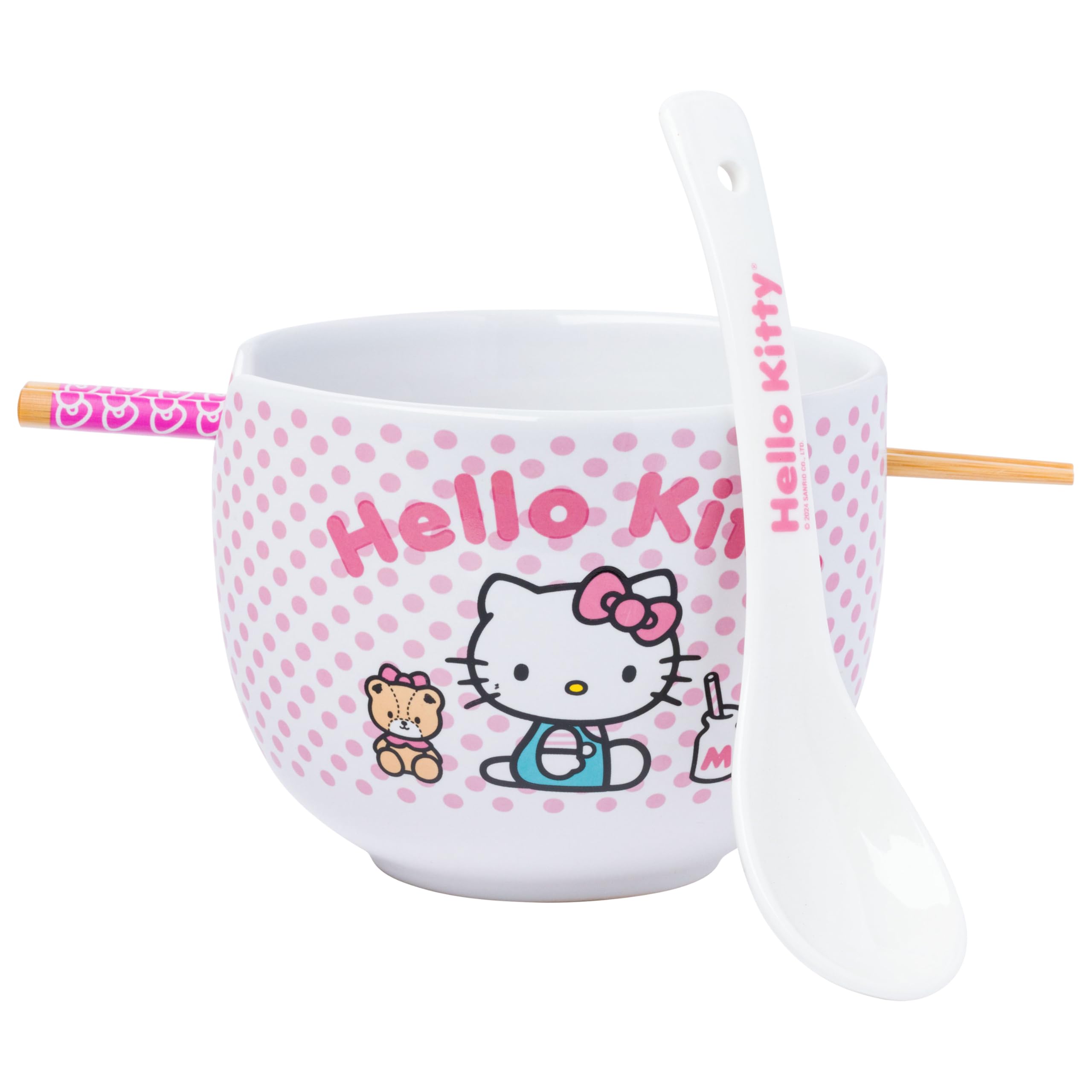 Silver Buffalo Sanrio Hello Kitty Pink Polka Dot Teddy And Strawberry Milk Ceramic Ramen Noodle Rice Bowl With Chopsticks And Sp