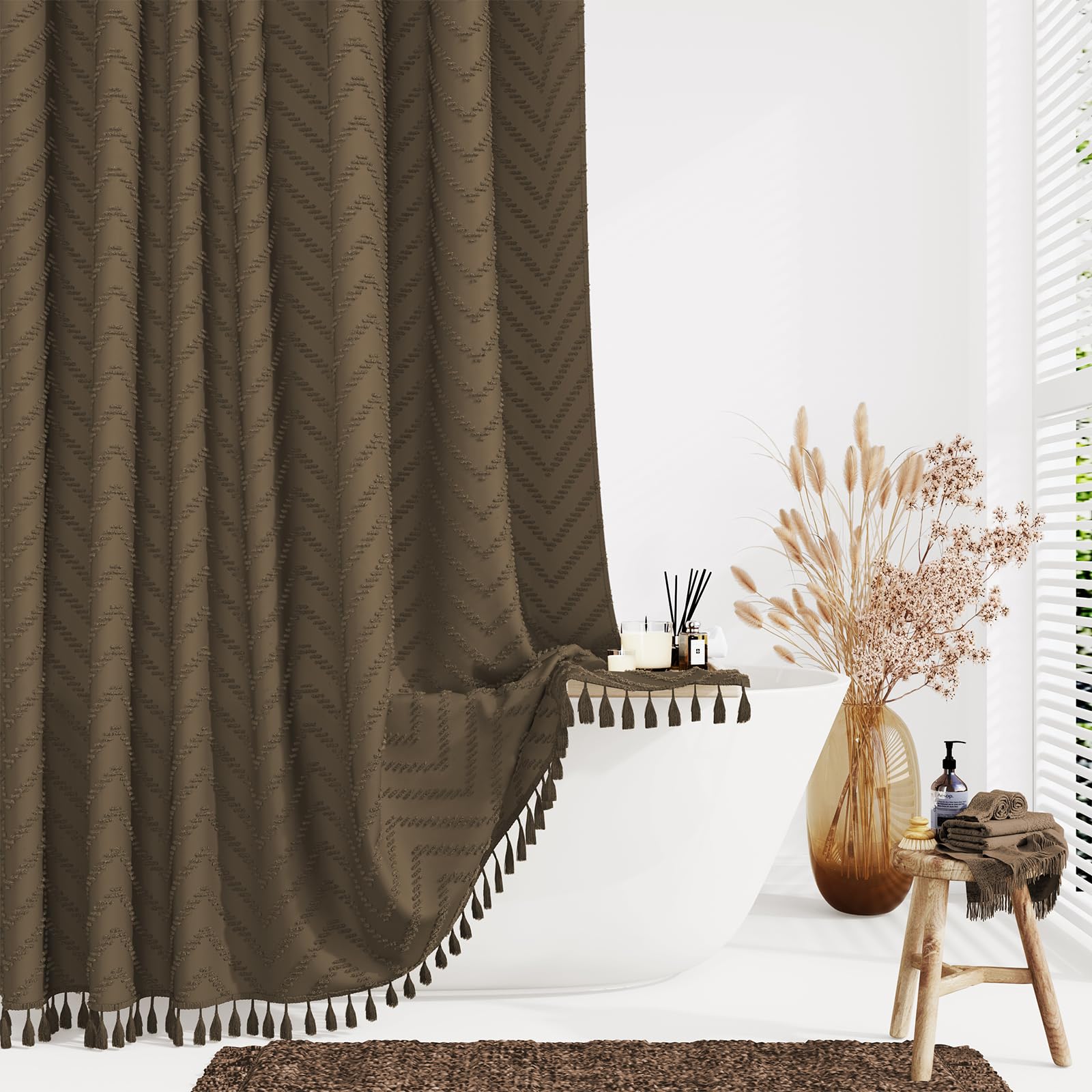 Dynamene Boho Farmhouse Shower Curtain, Brown Fabric Tufted Chevron Striped Textured Tassel Shower Curtains For Bathroom, Shabby