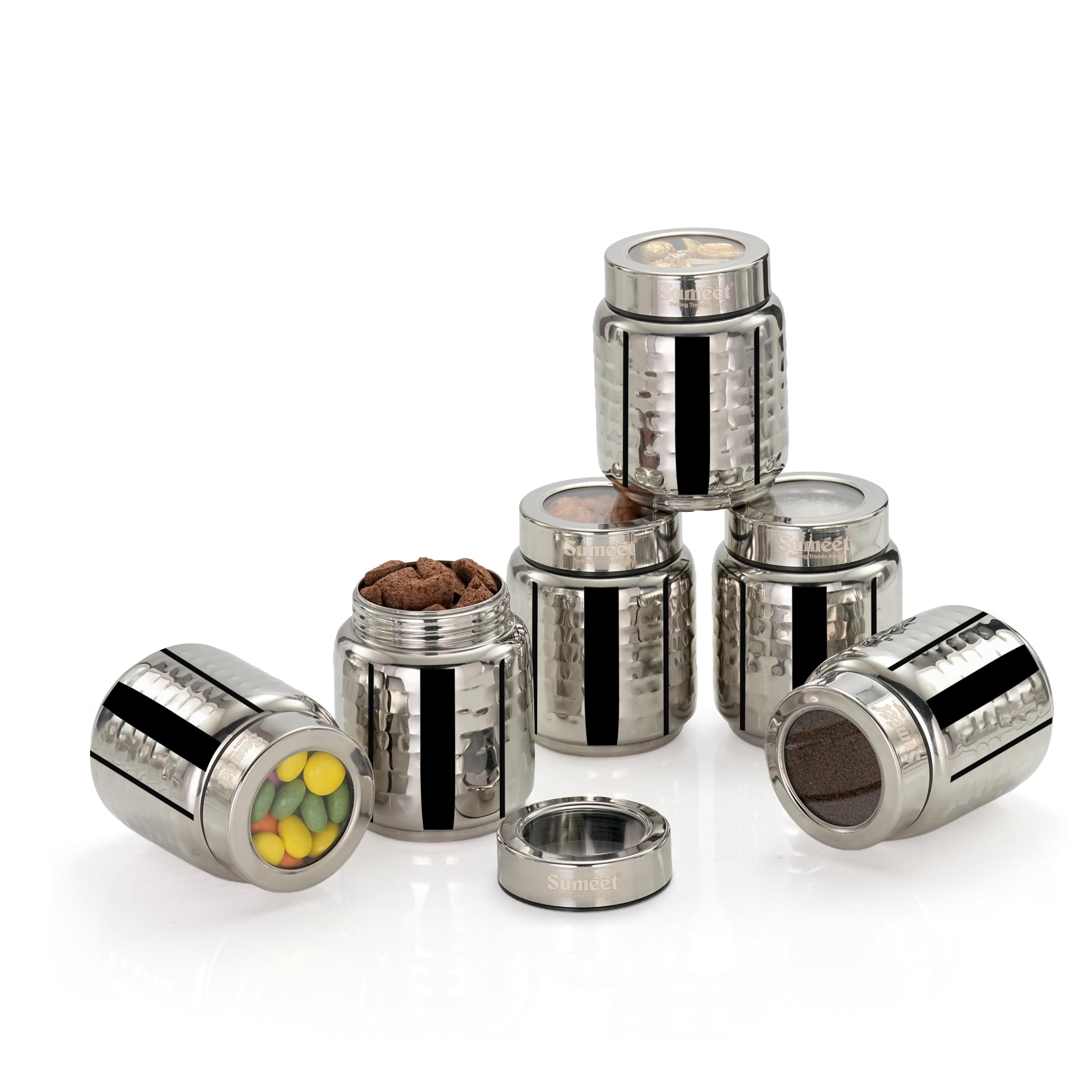 Sumeet Isi Certified Stainless Steel Hammered Canister Container For Kitchen Storage With See Through Lid Set Of 6Pcs - 450Ml  8Cm Dia  Silver
