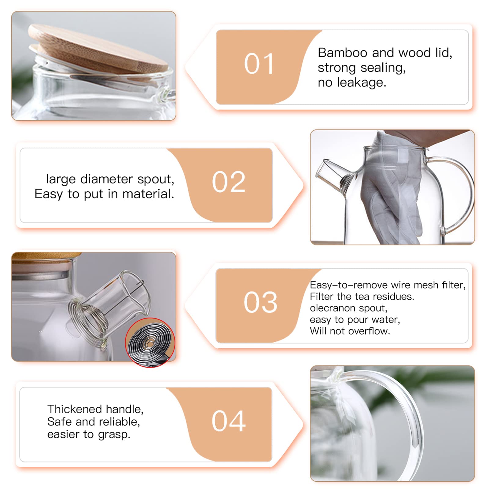 Glass Teapot, Stovetop & Microwave Safe Glass Borosilicate Teapot, Glass Teapot With Strainer, Glass Kettle With Wooden Lid, Loo