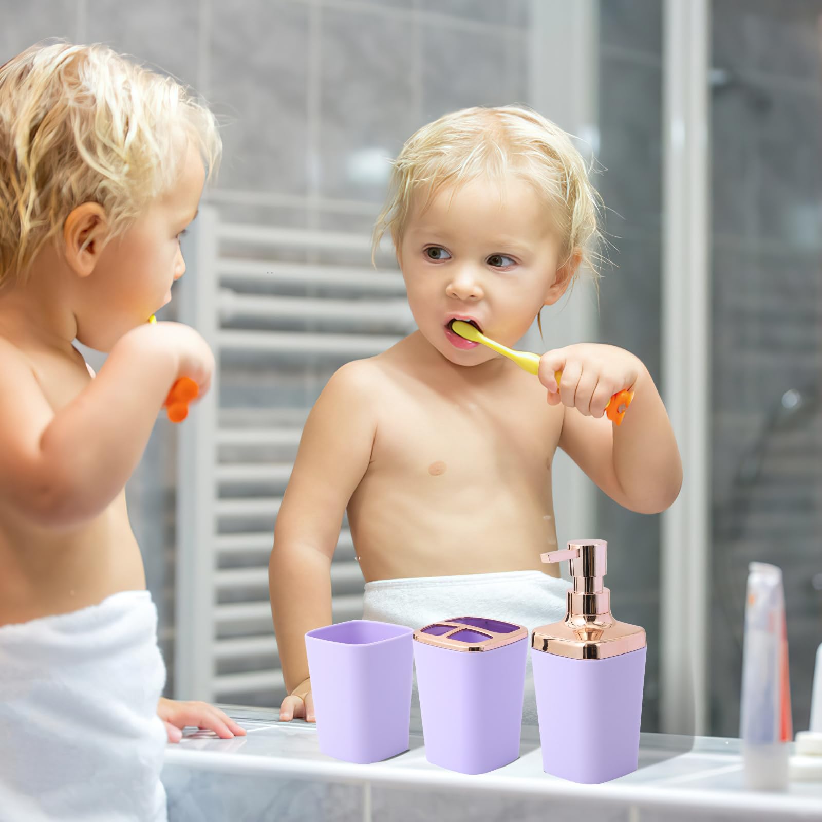 9-Piece Purple Bathroom Accessories Set, Purple Bathroom Accessories Sets Complete With Trash Can,Tray,Soap Dispenser,Toothbrush