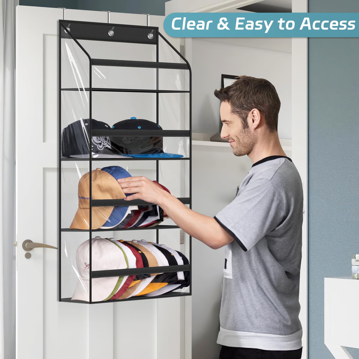Aooda Clear Over The Door Hat Racks For Baseball Caps, Hold 48 Caps Hat Storage Organizer For Closet Wall, Deep Pockets Hanging
