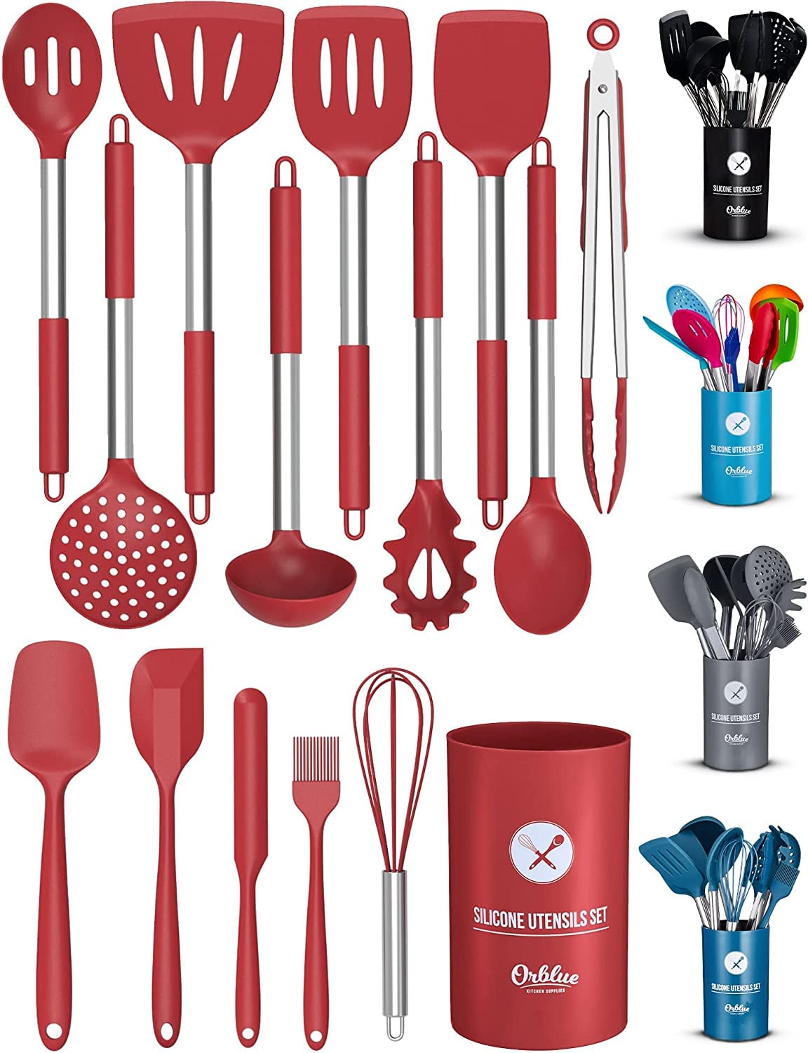 Orblue Silicone Cooking Utensil Set, 14-Piece Kitchen Utensils With Holder, Safe Food-Grade Silicone Heads And Stainless Steel H