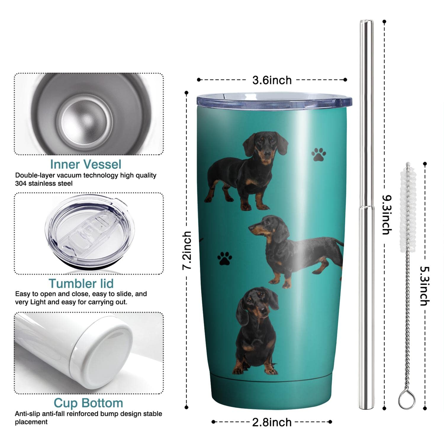 Subvise Dachshund Dog Tumbler Stainless Steel Insulated Travel Coffee Cups With Lid And Straw,Ideal Memorial Gift For Dog Dad/Mo
