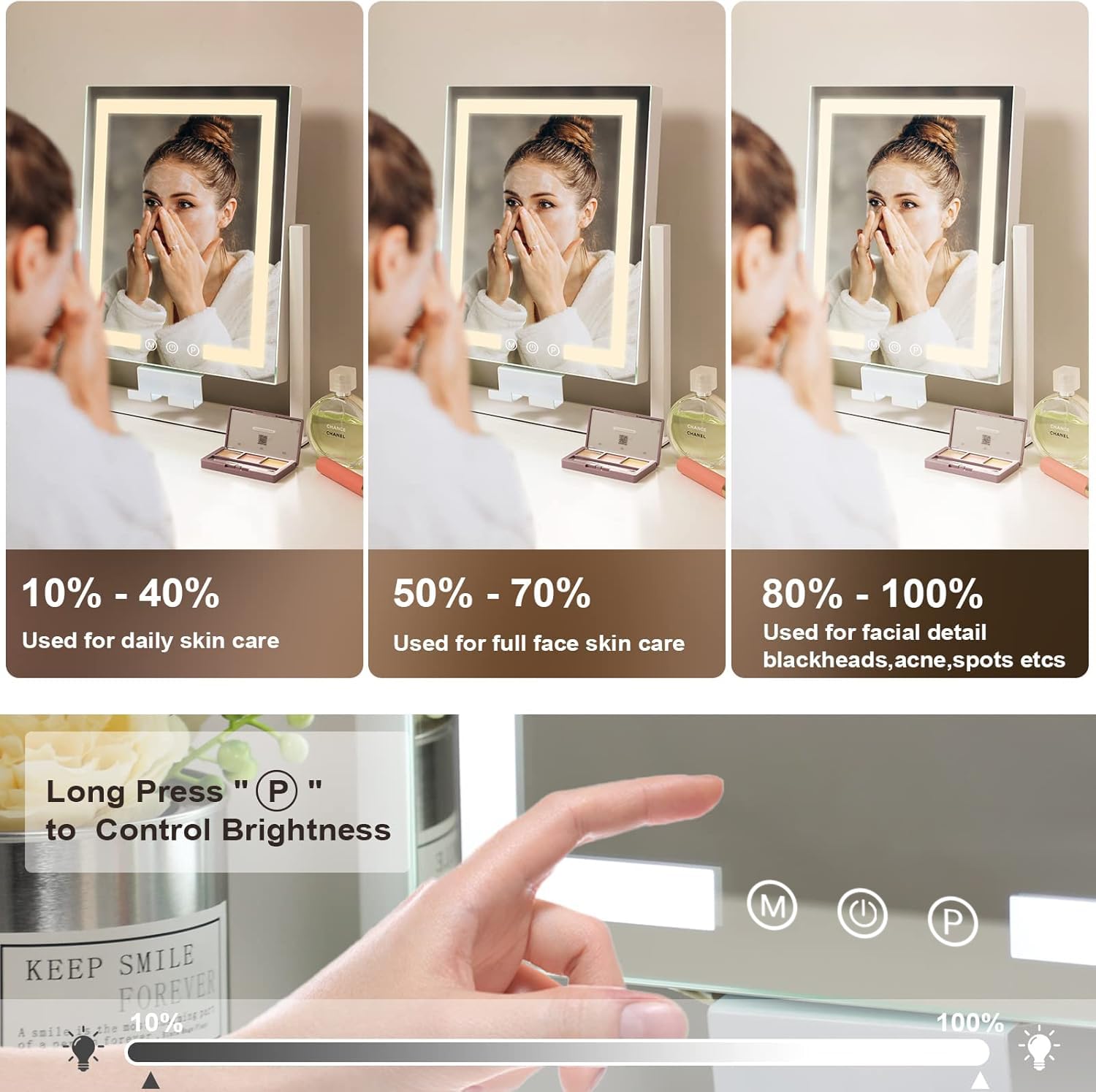 Kottova Makeup Mirror with Lights Vanity Mirror Lighted up Mirror with Phone Holder 3 Color Modes Touch Control  Detachable 10X Magnification Mirror  Metal Frame White