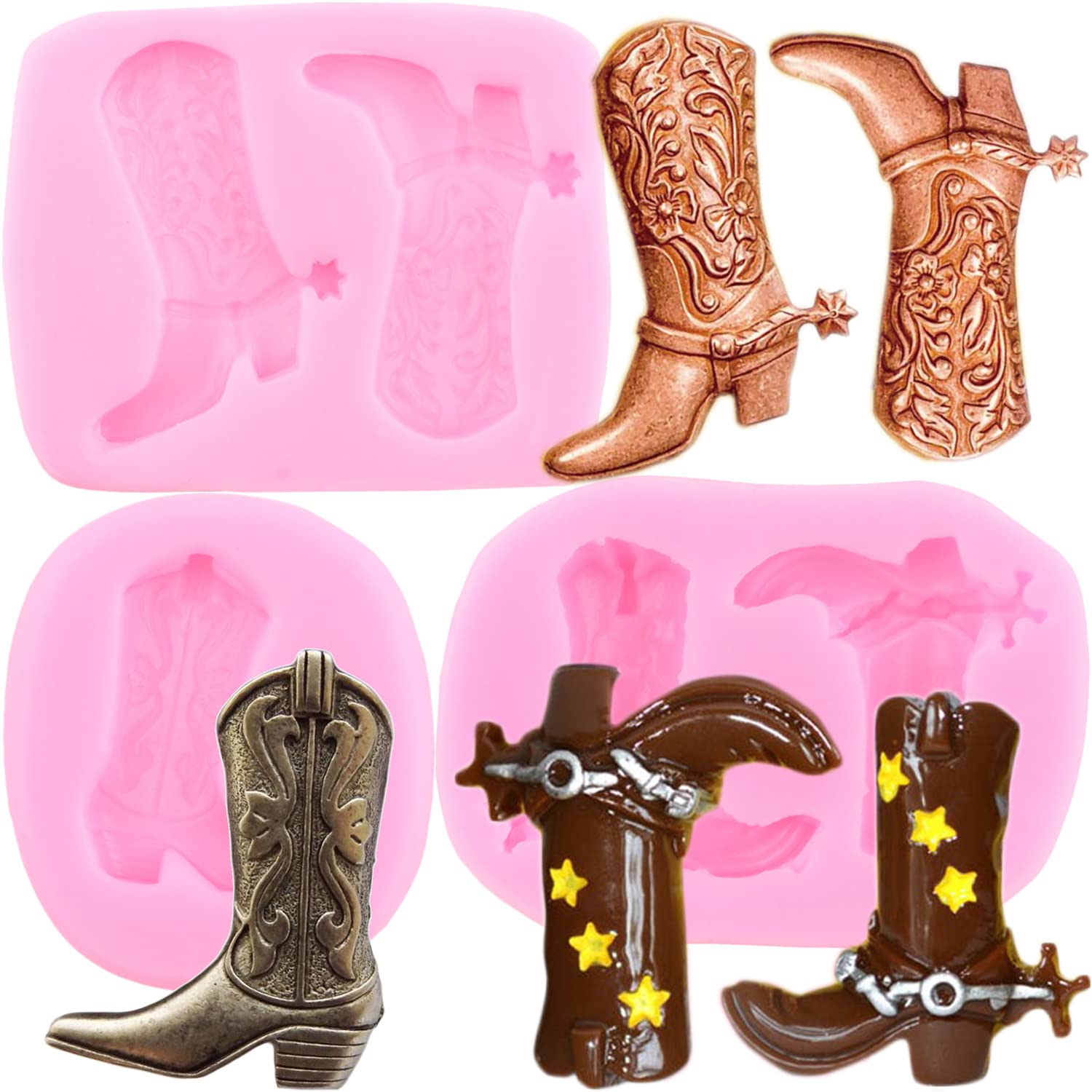 Mujiang 3D Boot Silicone Molds Cowboy Boot Fondant Mold For Cake Decorating Candy Clay Chocolate Set Of 3