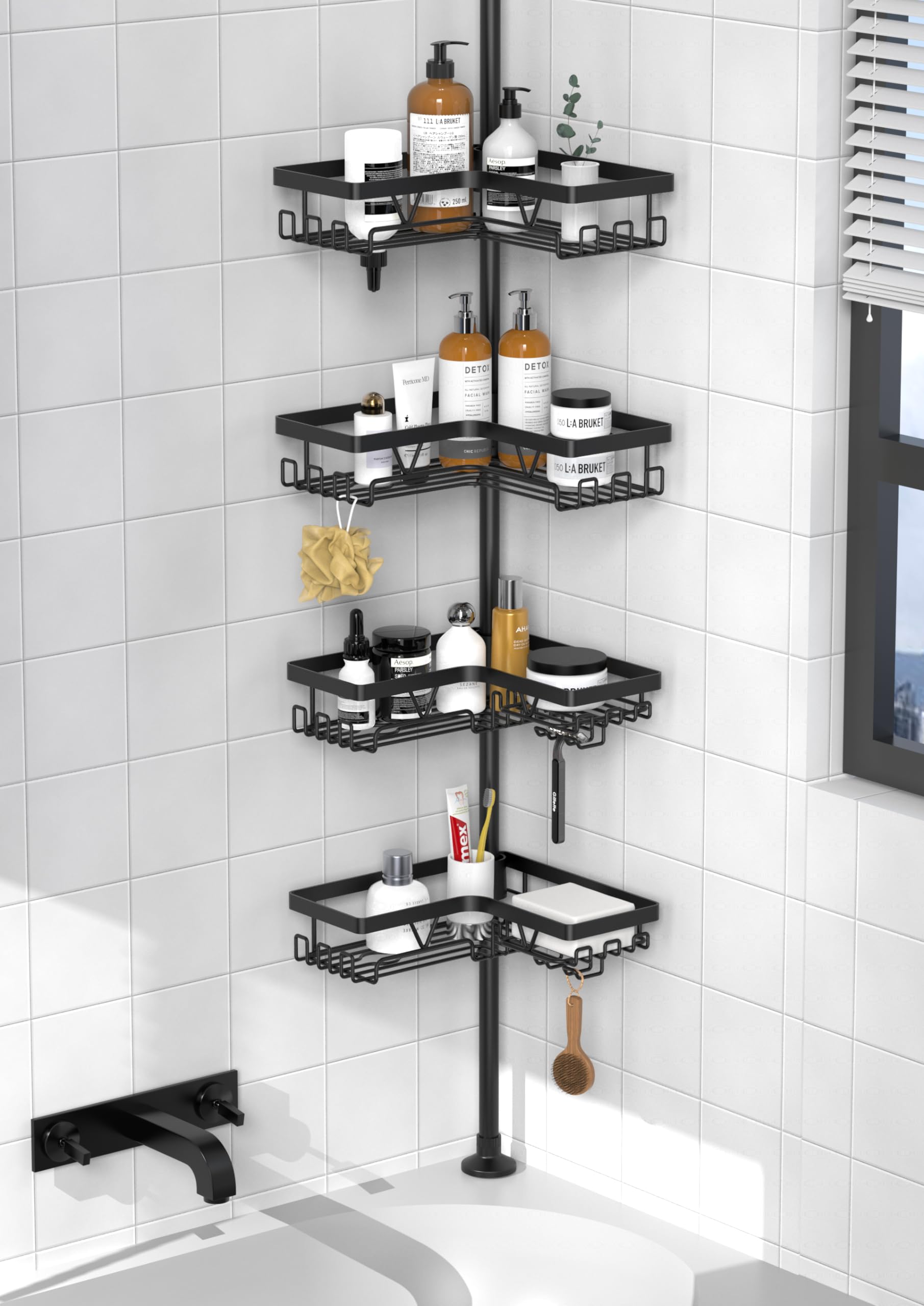 Kegii Corner Shower Caddy Tension Pole - Shower Tension Rod Organizer, Floor To Ceiling Shower Caddy 25-114.2 Inch, Towel Rack C
