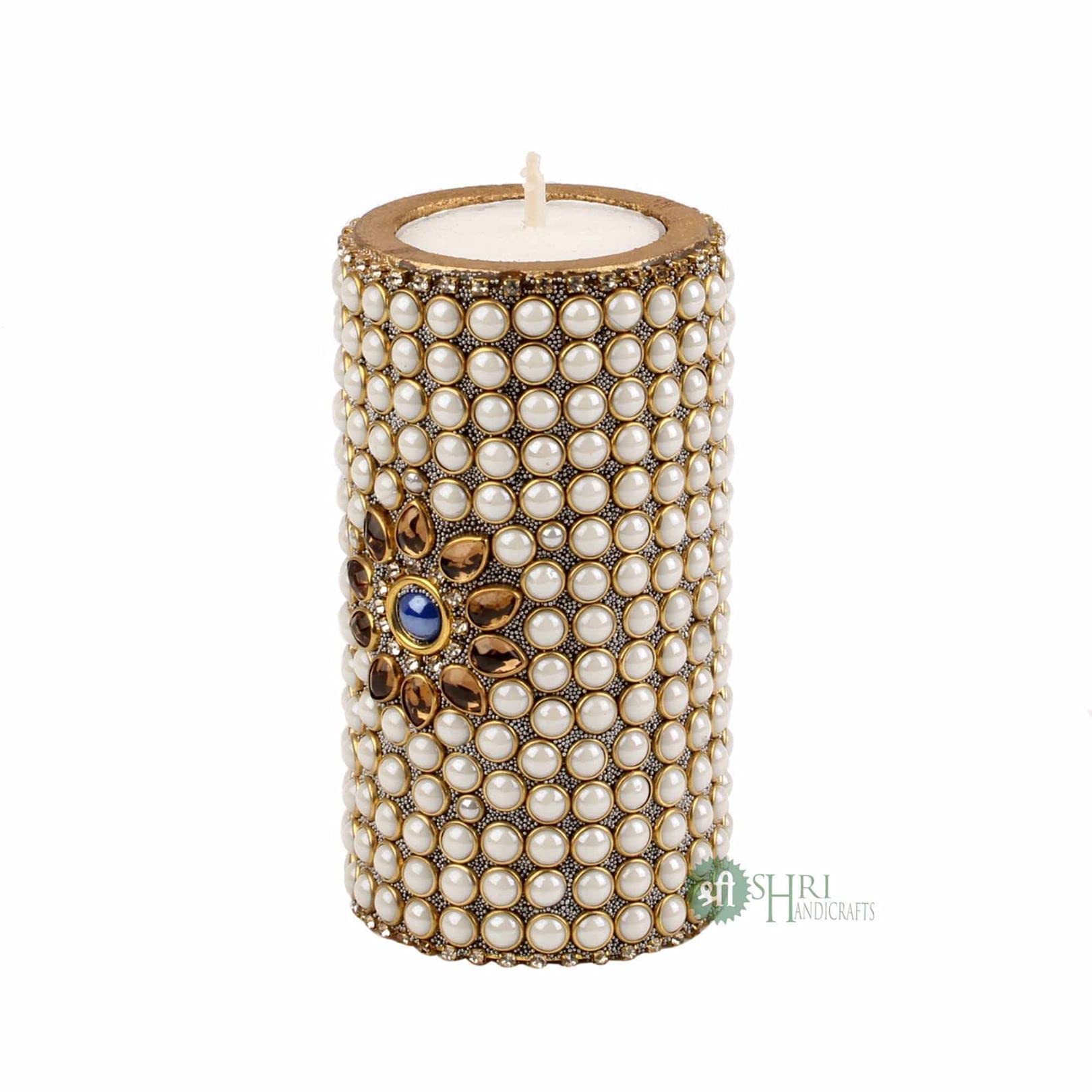 INDICAST Wooden Stone Work Pillar Candle for Home Dcor Set of 3 Handcrafted Diwali Diya Decorative Showpieces Reusable Tealight