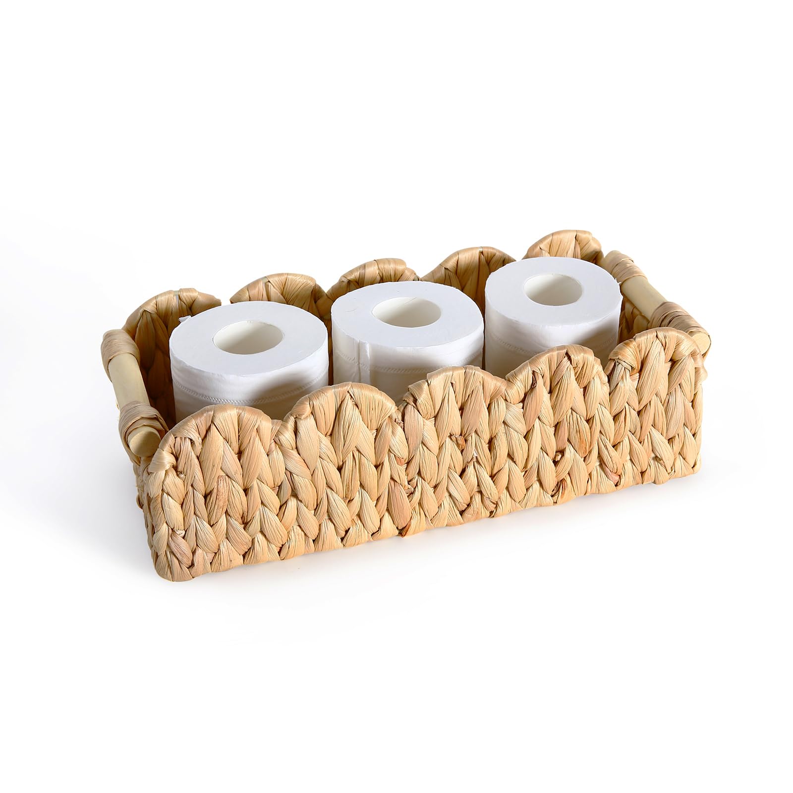 Quincry Scalloped Edge Organizer Basket for Toilet Tank Top with Wooden Handle, Wicker Storage Over Above Behind Toilet, Hand Wo