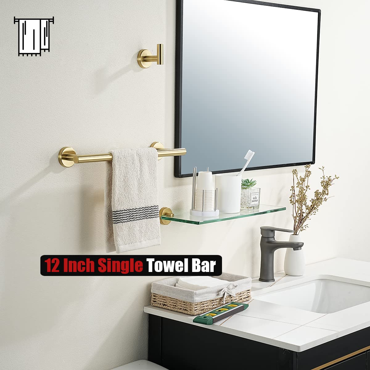 JQK Bathroom Towel Bar  12 Inch 304 Stainless Steel Thicken 0.8mm Towel Rack  Towel Holder Brushed Gold Wall Mount  Total Length 15 Inch TB110L12-BG