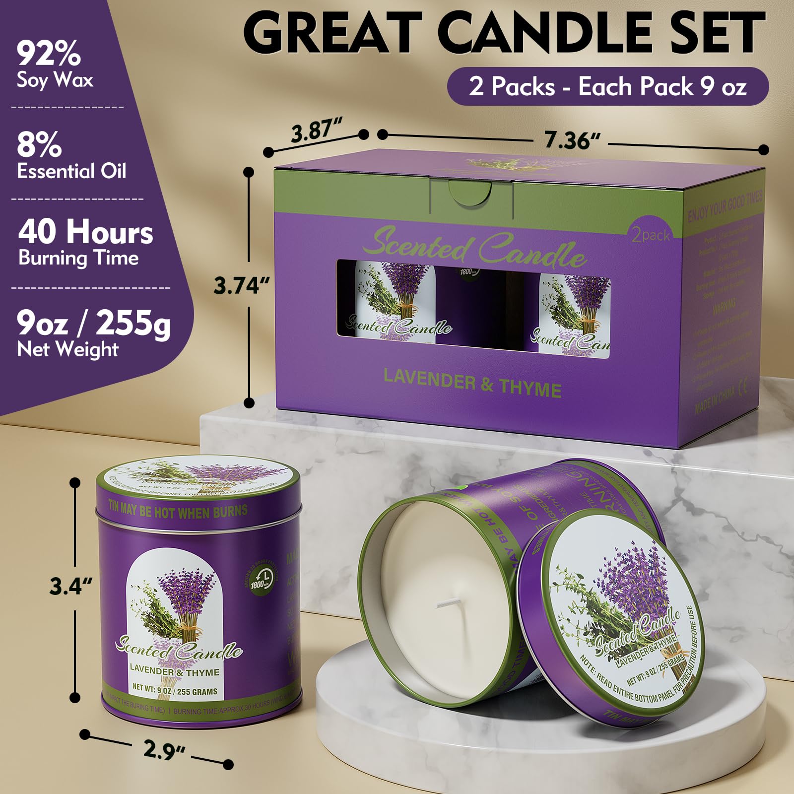 2 Pack Scented Candles (90 Total Burn Hours) - Soy Wax Candles 9 oz Each in Tin - Long Lasting Aromatherapy Candle Gift Set (Lav