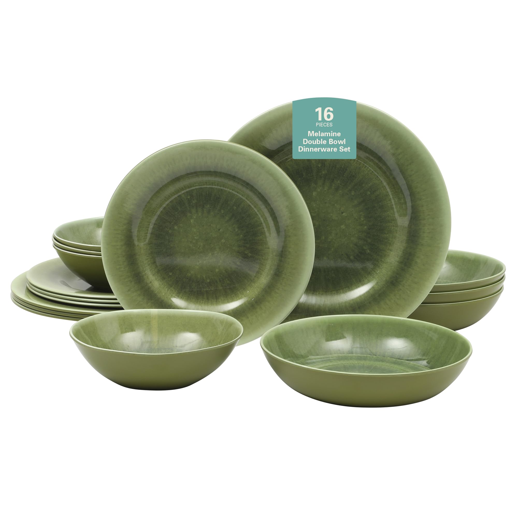 Gibson Home Casper Court 16-Piece Melamine Dinnerware Set - Green Reactive Glaze Look Plates and Bowls, Service for 4 - Top Rack