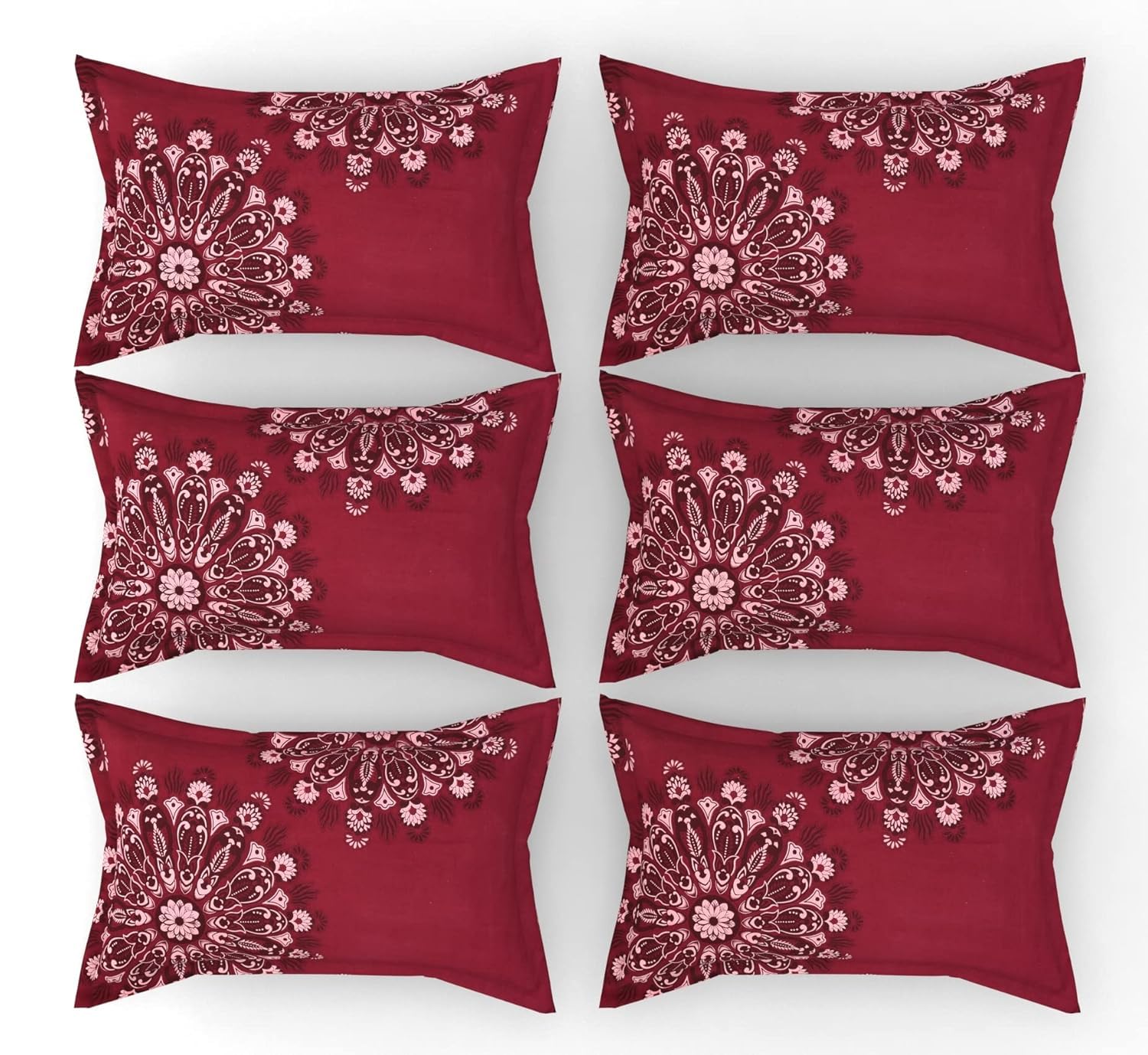 Rrb Textile Floral Design Zig Zag Stitching King Size Set Of 6 Glace Cotton Pillow Covers/Pillow Case-20 X 30 Inches, 50 Cm X 75
