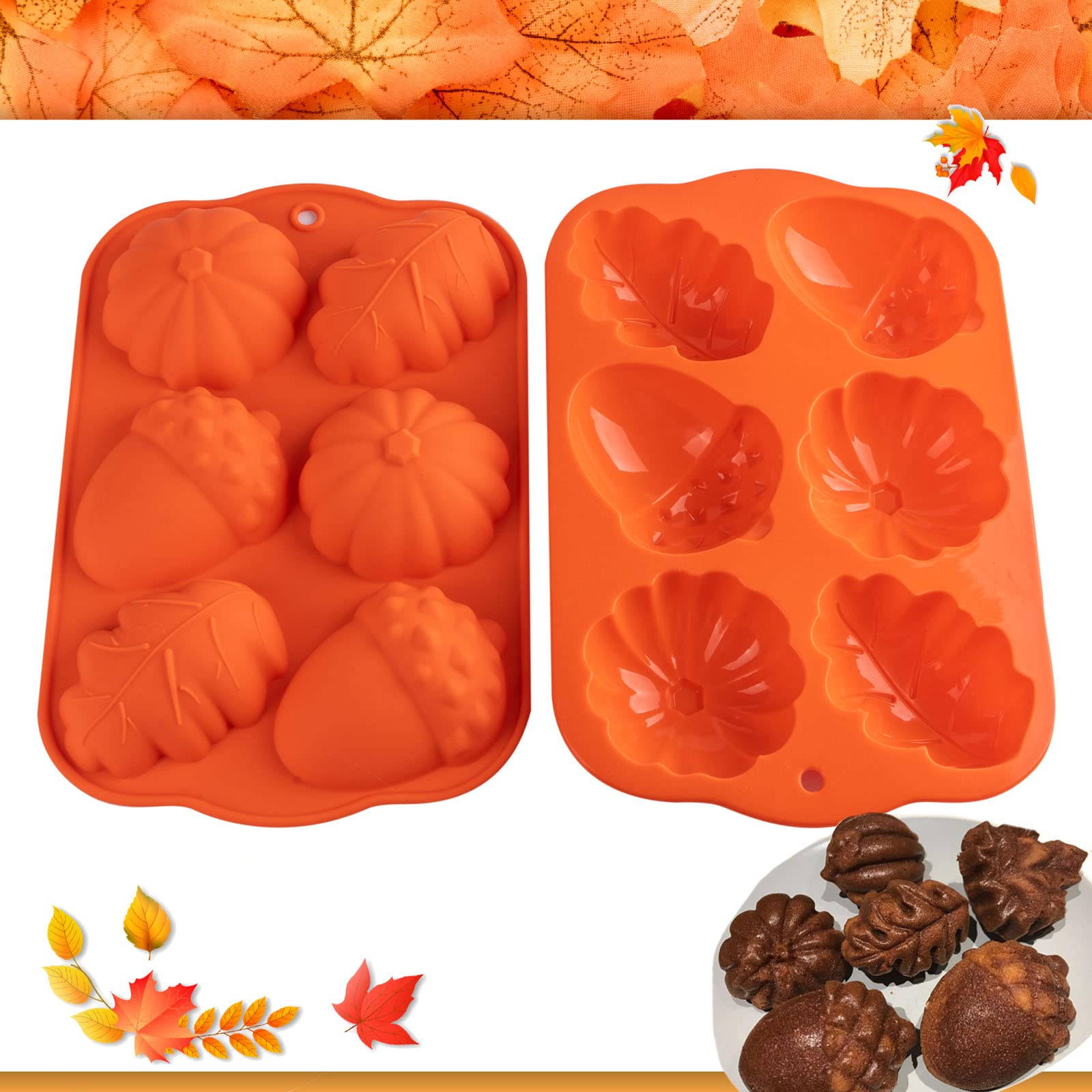 Fall Baking Molds Silicone Pumpkin Mold, 2 Pack Leaves Mold Fall Muffin Cakelet Pan Thanksgiving Cake Mold For Cupcake Chocolate