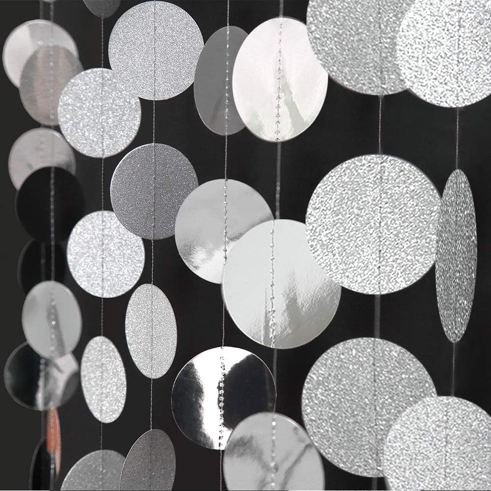Cheerland Glitter Silver Circle Dot Garlands Party Decorations Hanging Circle Banner Streamer Backdrop Decor Wedding Birthday Bday Engagement Bridal Shower Bachelorette Party Supplies