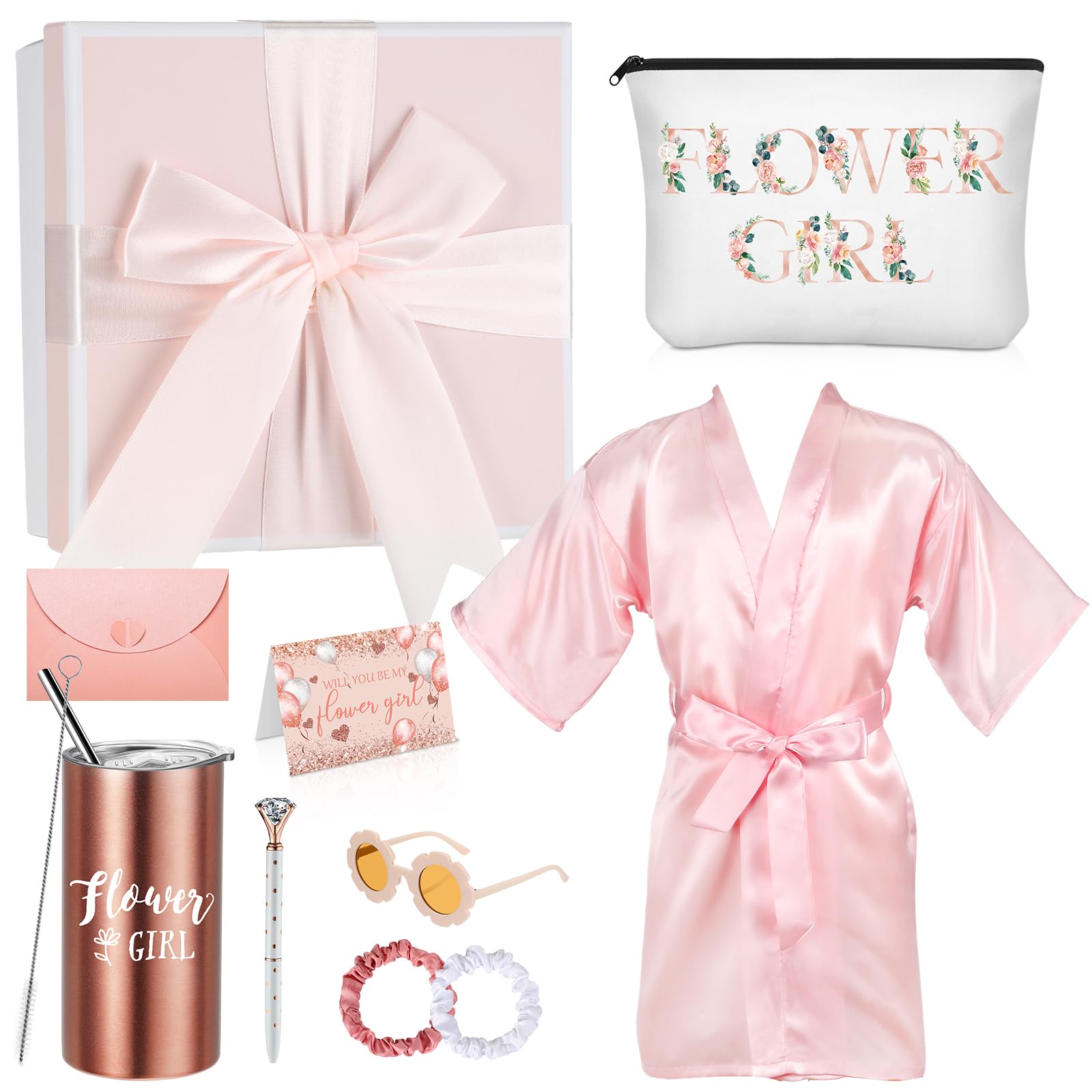 10 Pcs Flower Girl Gifts Set Flower Girl 14Oz Tumbler Canvas Bag Satin Scrunchies Kimono Robe Proposal Gift Box Sunglasses Diamo