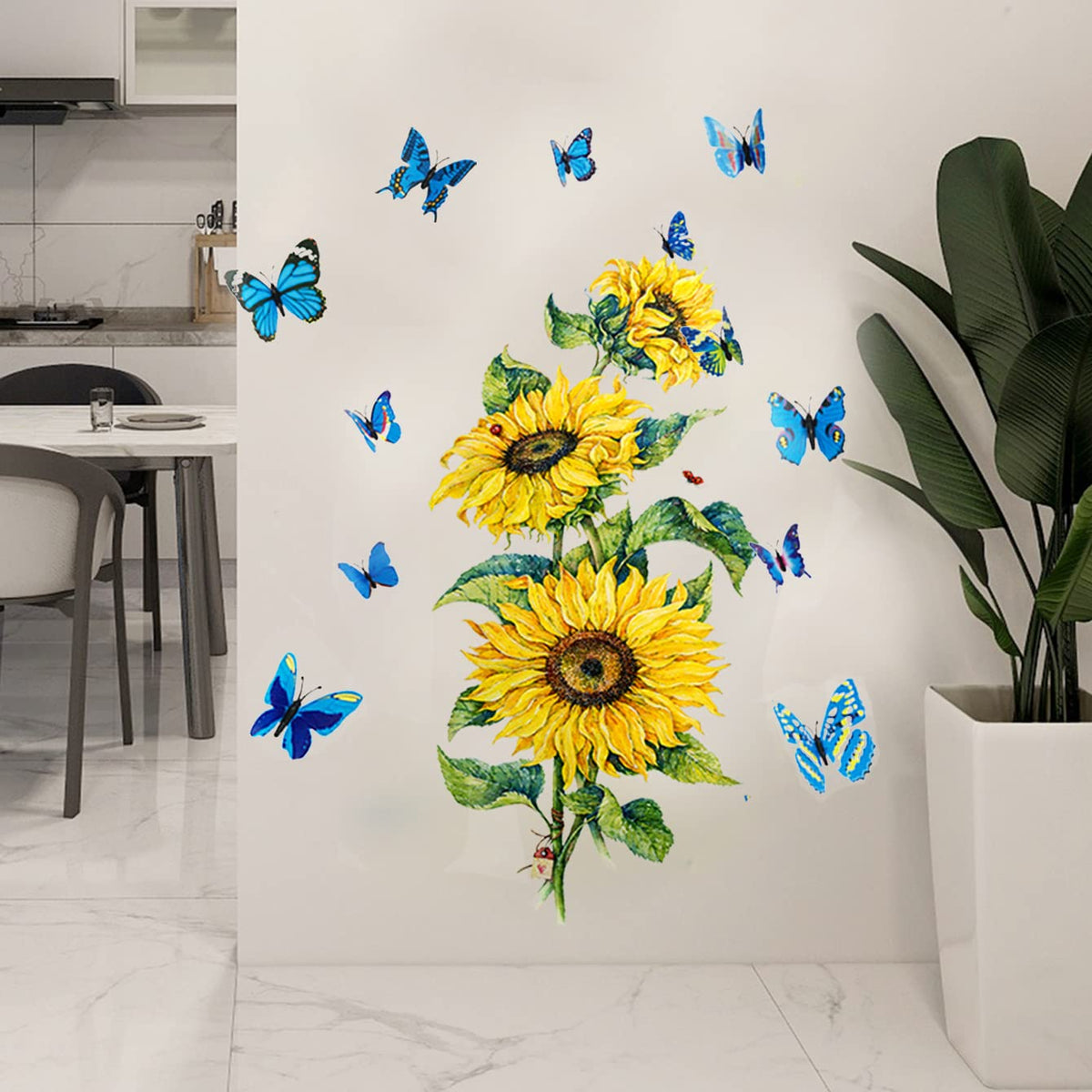 Sunflower Wall Decals With 3D Butterfly Wall Sticker,Garden Flower Wall Stickers Waterproof And Removable For Bedroom Living Roo