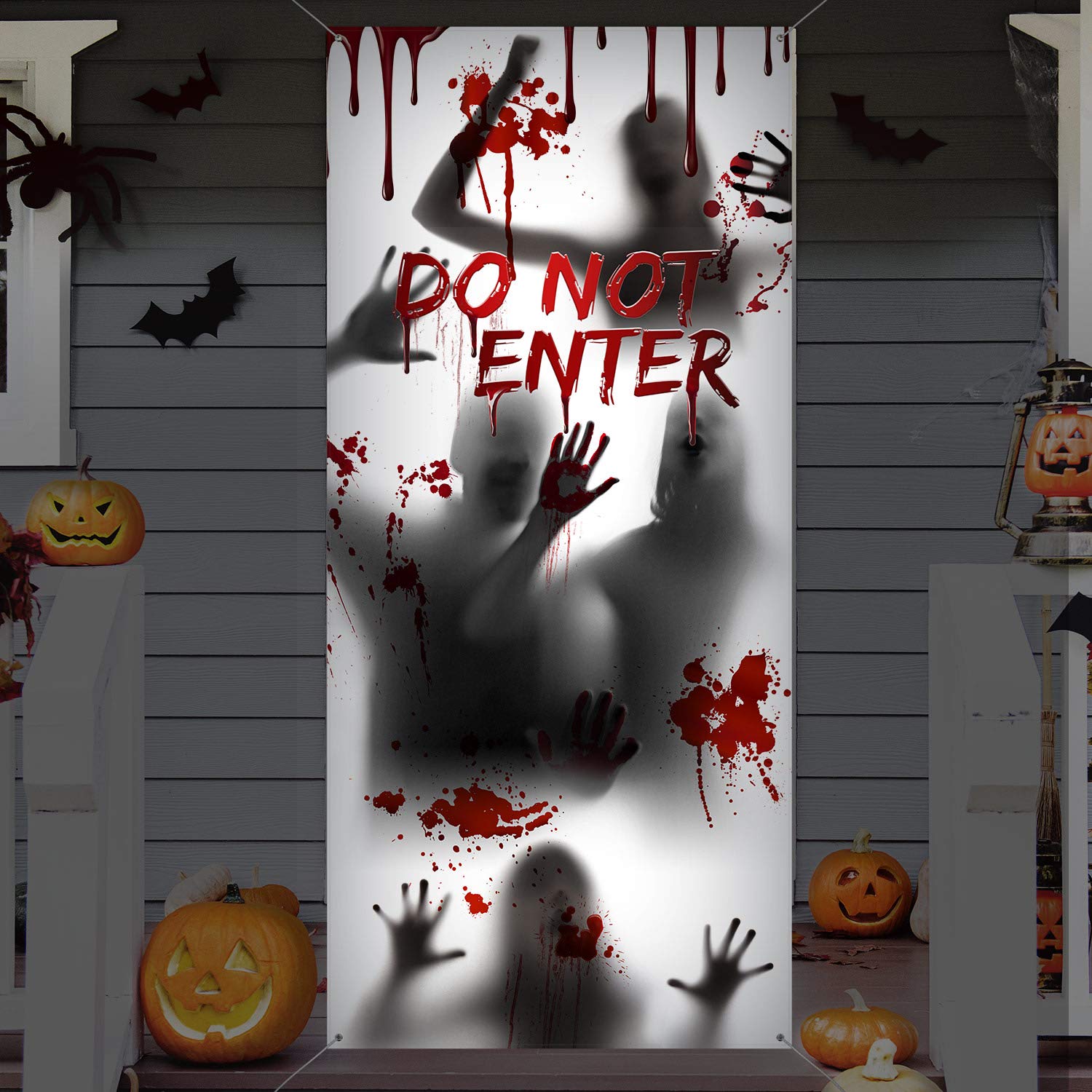 Large Halloween Window Door Cover Fabric Scary Handprint And Shadowy Figure Halloween Props Poster Banner For Halloween Spook Ho