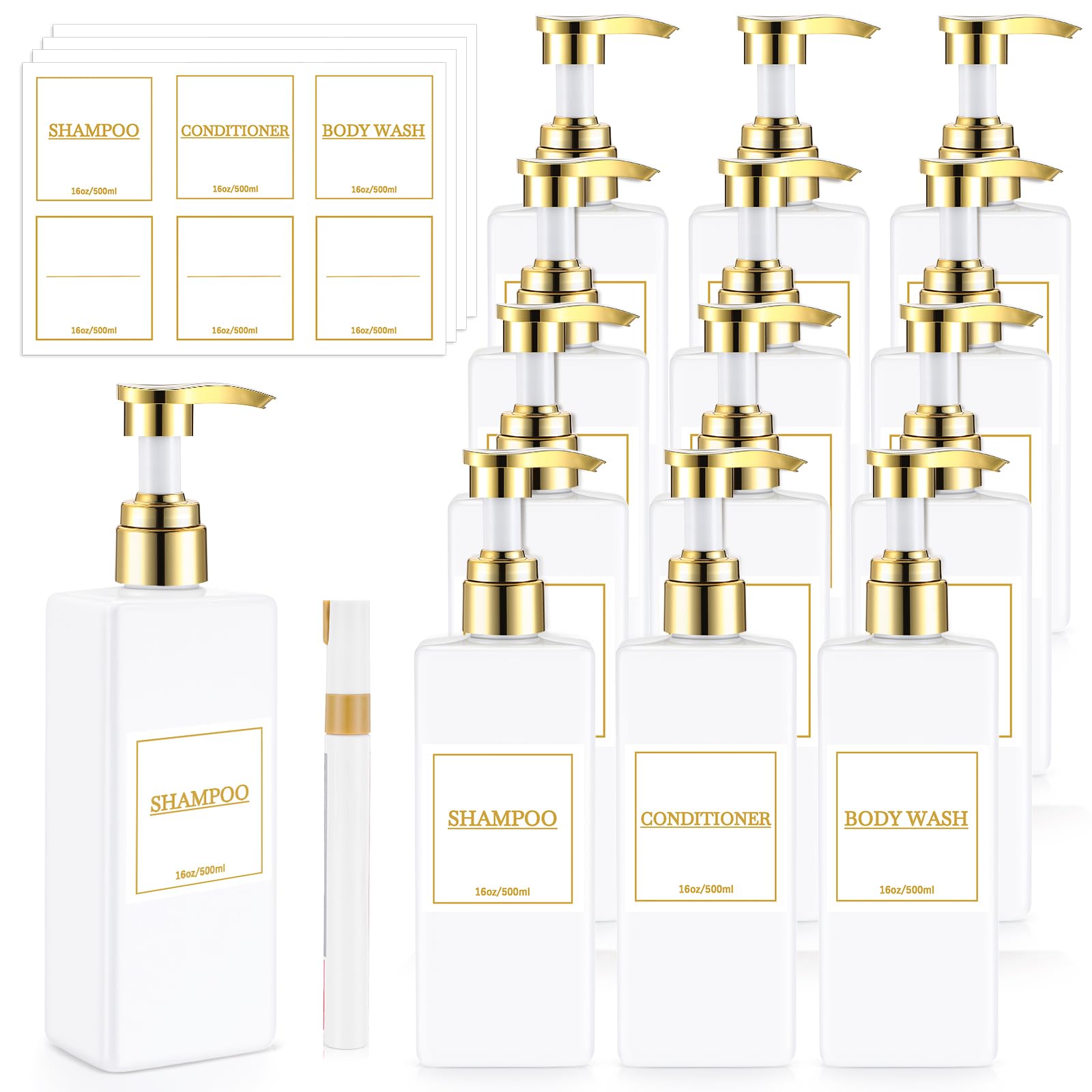 Gejoy 12 Pack White Shampoo and Conditioner Dispenser Bottles, 17 Oz/ 500ml Empty Refillable Pump Bottles with Labels and Marker