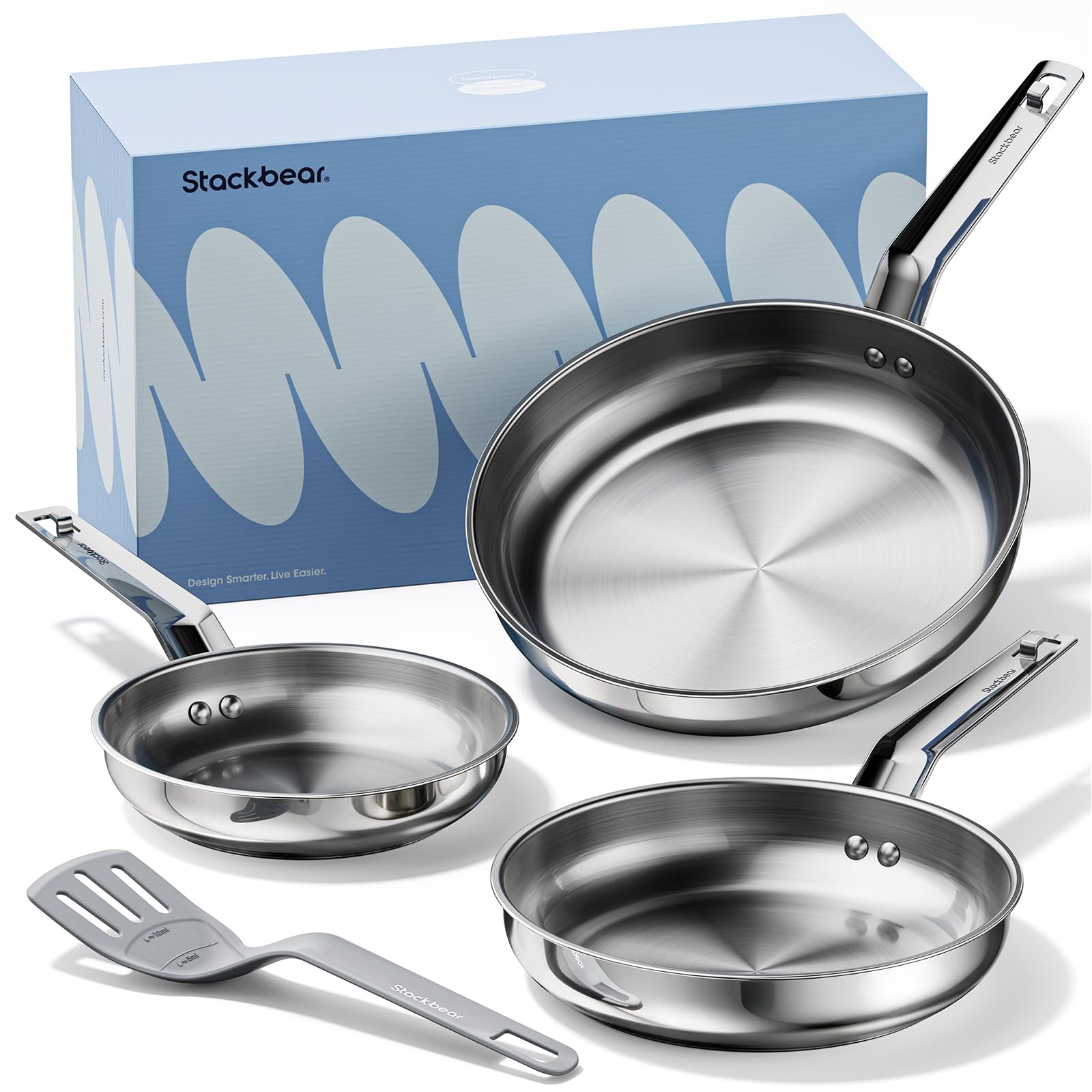 stackbear Stainless Steel Pan Set, 8, 9.5 & 11 Inch Frying Pans, 18/10