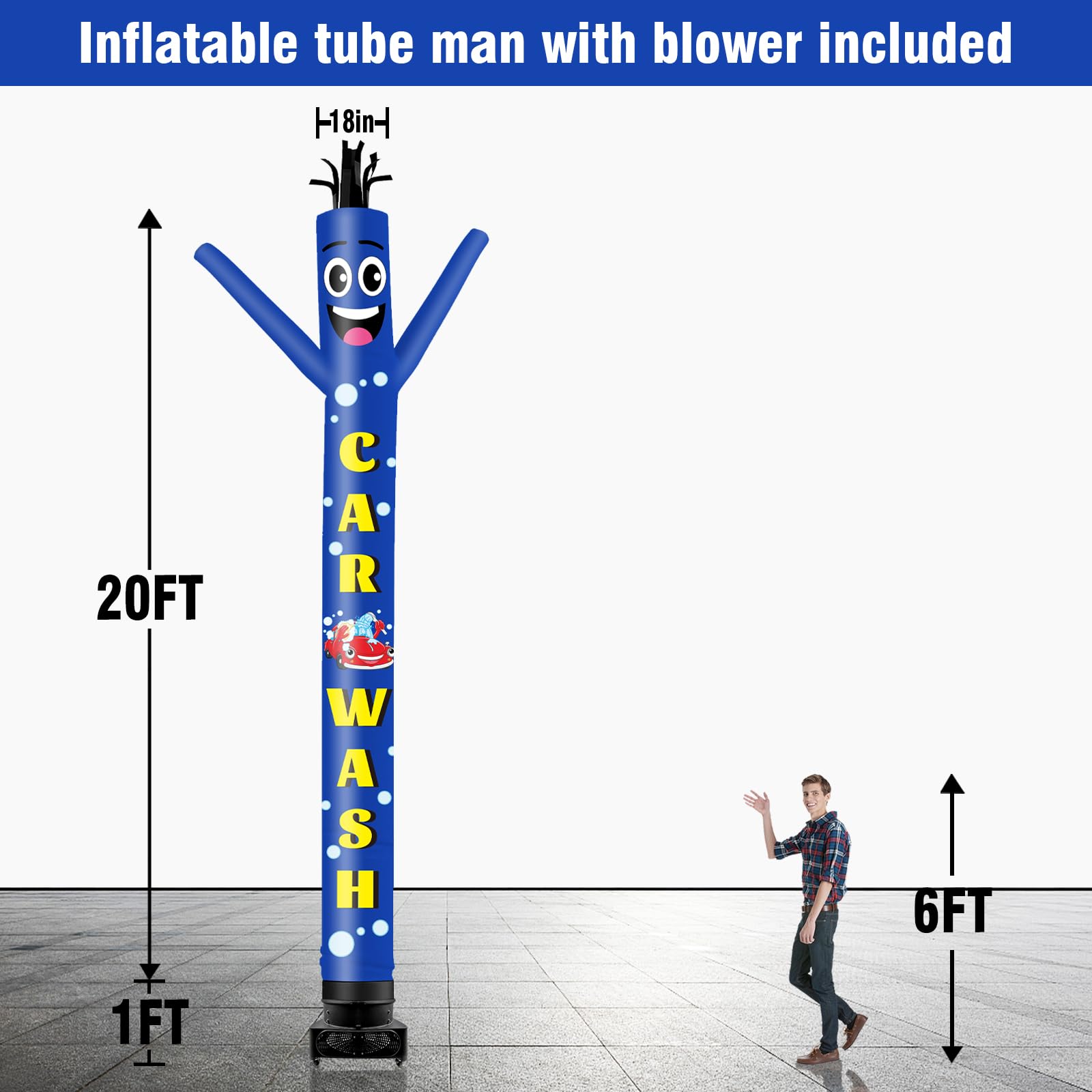 GOODENY 20FT Tall Inflatable Tube Man Car Wash Wacky Wavy Dancing Guy with 1.5 HP Weather-Resistant Blower (18  Diameter) for Ou