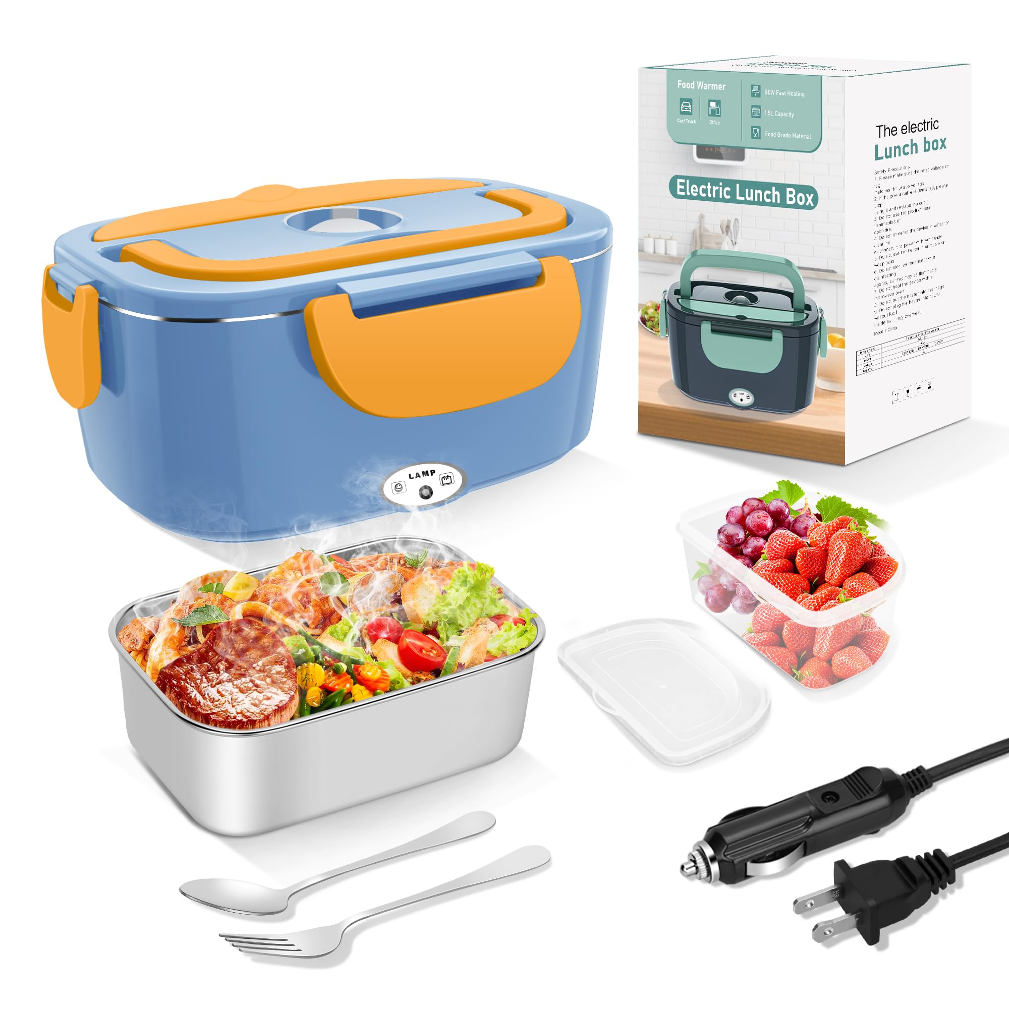 HOLDRUBY Heated Lunch Boxes for Adults, 80W Electric Lunch Box Food Heated 12/24/110V 1.5L Heatable Lunch Box for Car/Truck Leak