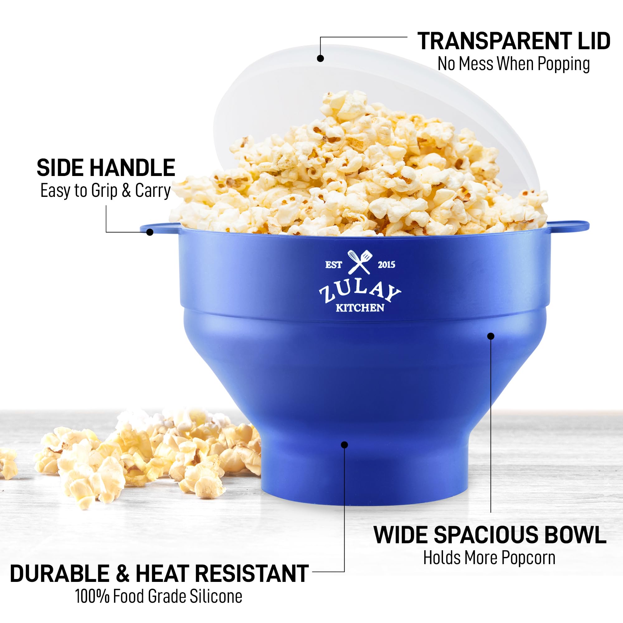Zulay Kitchen Silicone Microwave Popcorn Maker - 15 Cup Capacity, Bold Blue, Collapsible Bowl with Lid
