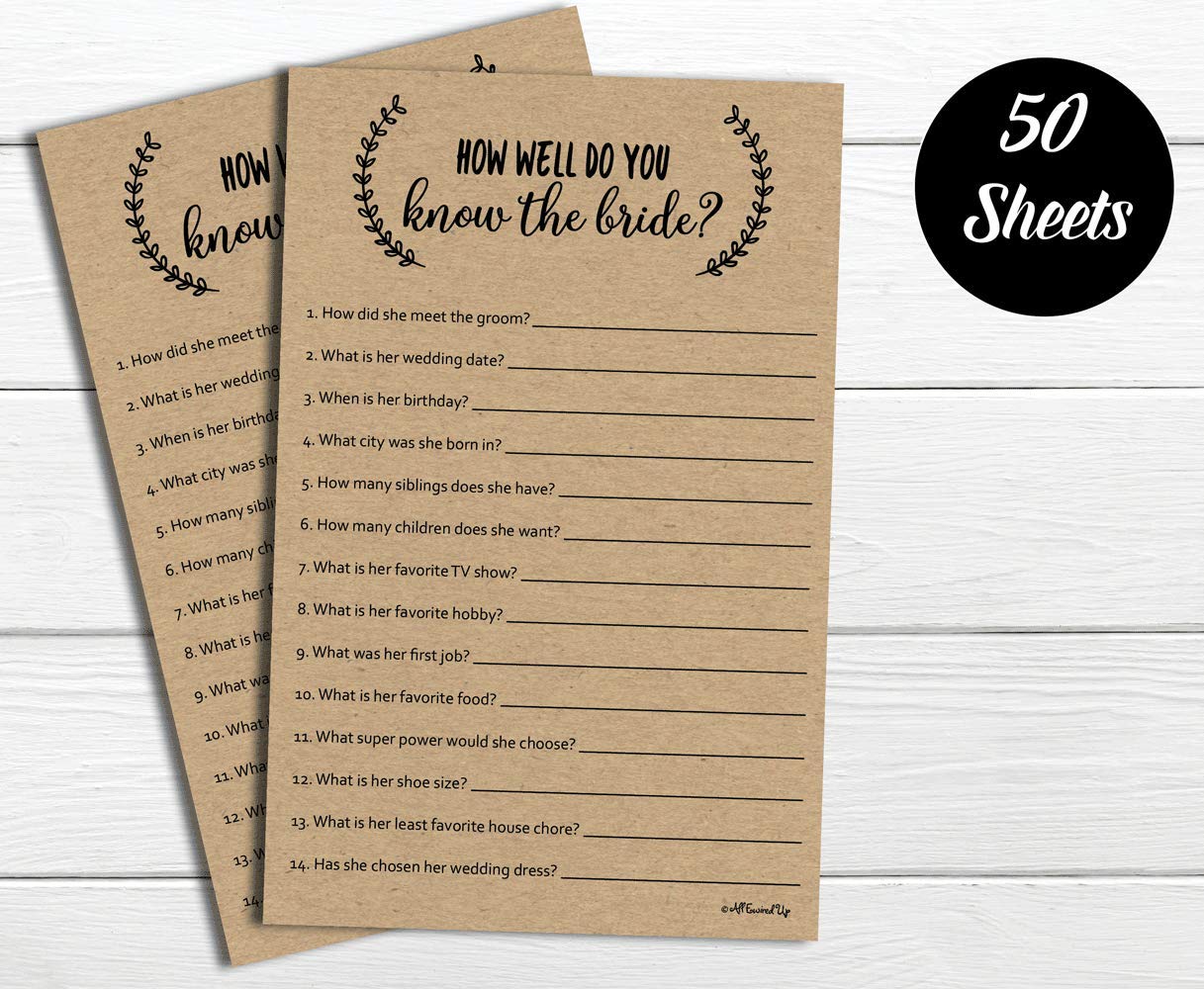 How Well Do You Know The Bride - Kraft (50-Sheets) Rustic Bridal Wedding Shower or Bachelorette Party Game  Who Knows The Bride Best Couples Guessing Question Pack Engagement (Large Sheet Size)