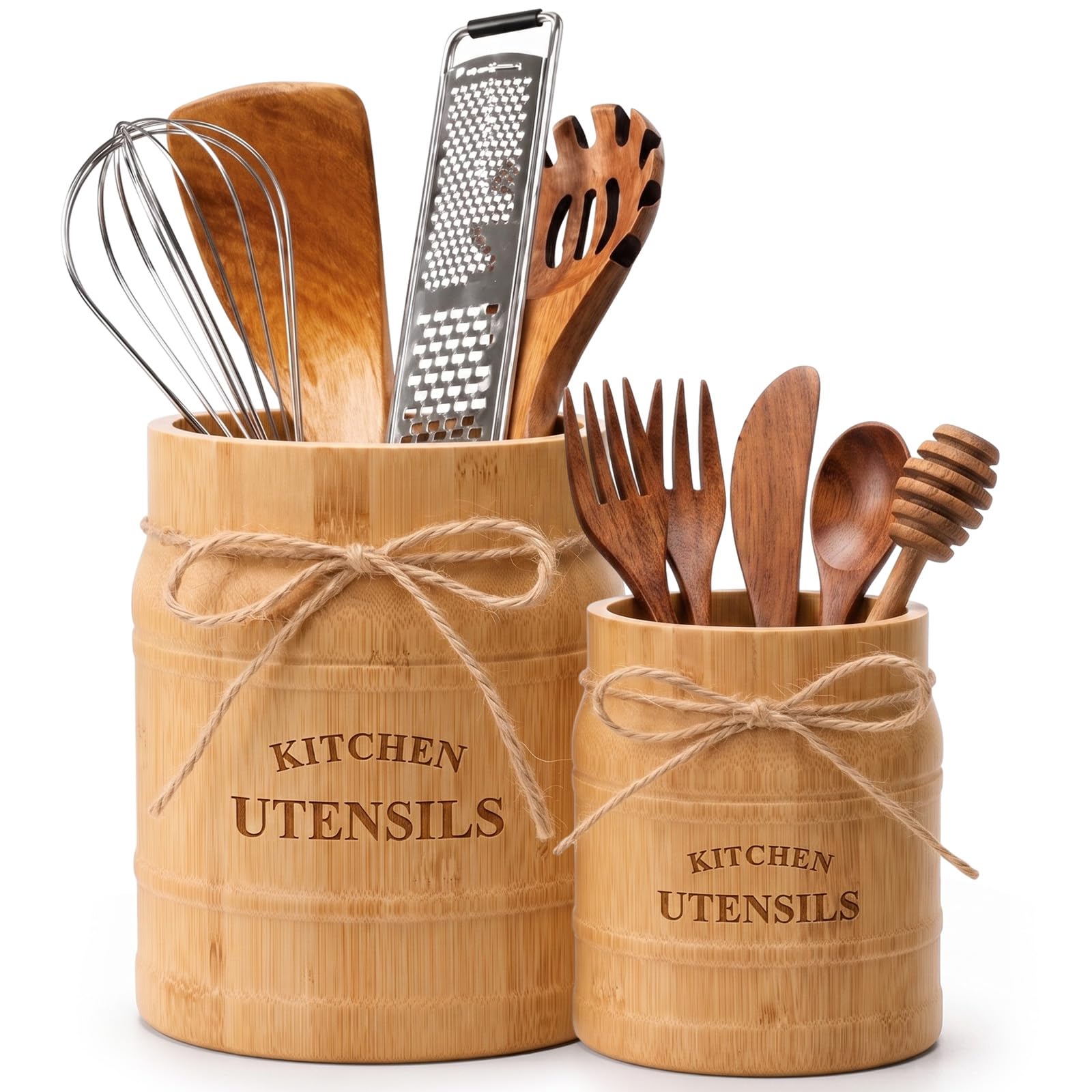Havawish 2 Pcs Wooden Kitchen Utensil Rack 6.75 + 5.5 Inch Farmhouse Style Utensil Crock Large Countertop Cooking Tool Spatula