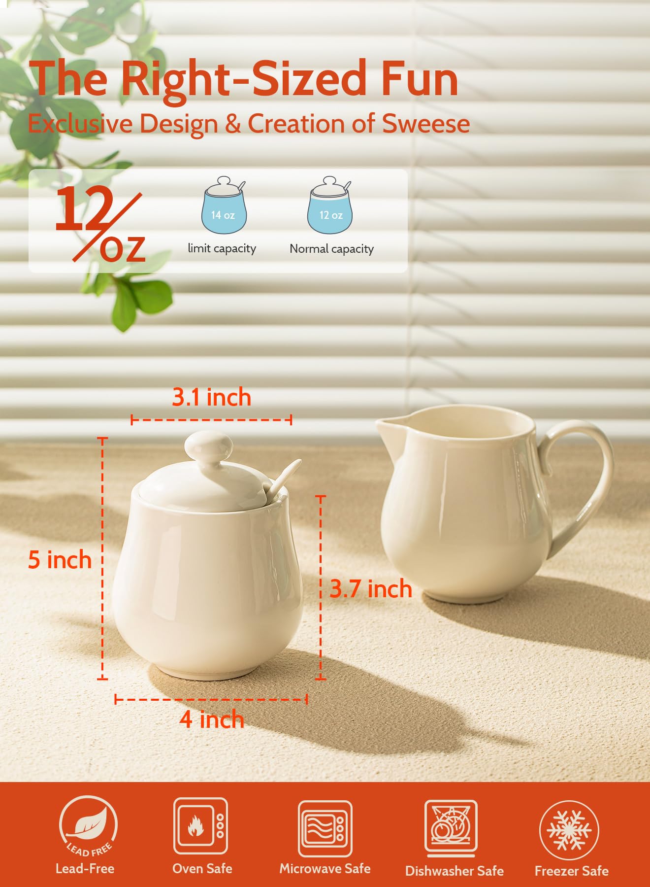 Sweese 12 Ounce Porcelain Sugar And Creamer Set, Coffee Serving Set, 3 Piece With Cream Pitcher, Sugar Bowl With Lid And Spoon,