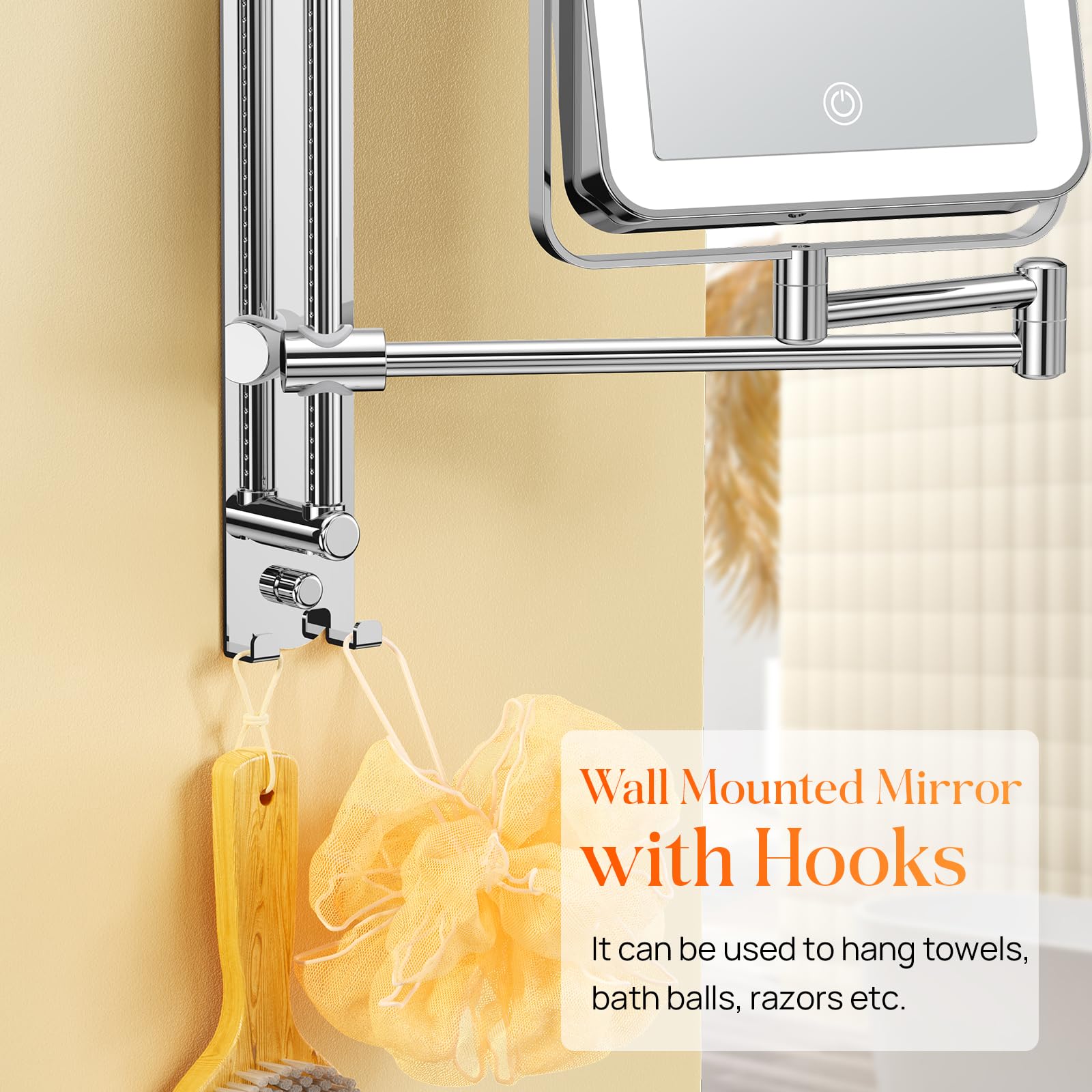 Gospire Height Adjustable Wall Mounted Lighted Makeup Mirror With Hooks, 3000Mah Rechargeable With 1X/10X Magnification, 3 Light