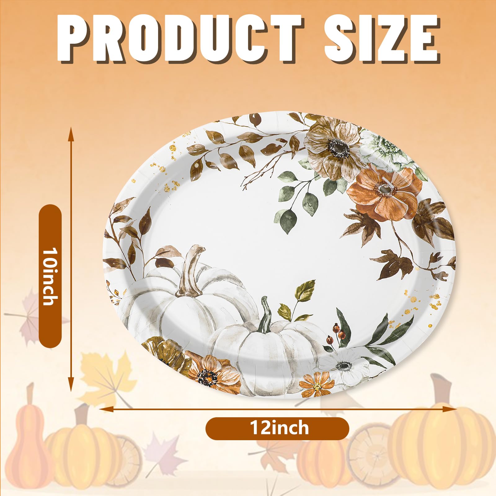 50Pcs Fall Oval Paper Plates Pumpkin Floral Disposable Dinner Plates for Autumn Thanksgiving Harvest Party Supplies