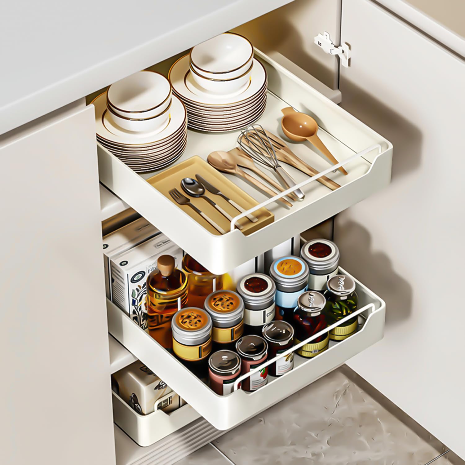 Quseha Pull Out Cabinet Organizer Fixed With Adhesive Nano Film, Heavy Duty Slide Out Pantry Shelves, Sliding Drawer Pantry Shel