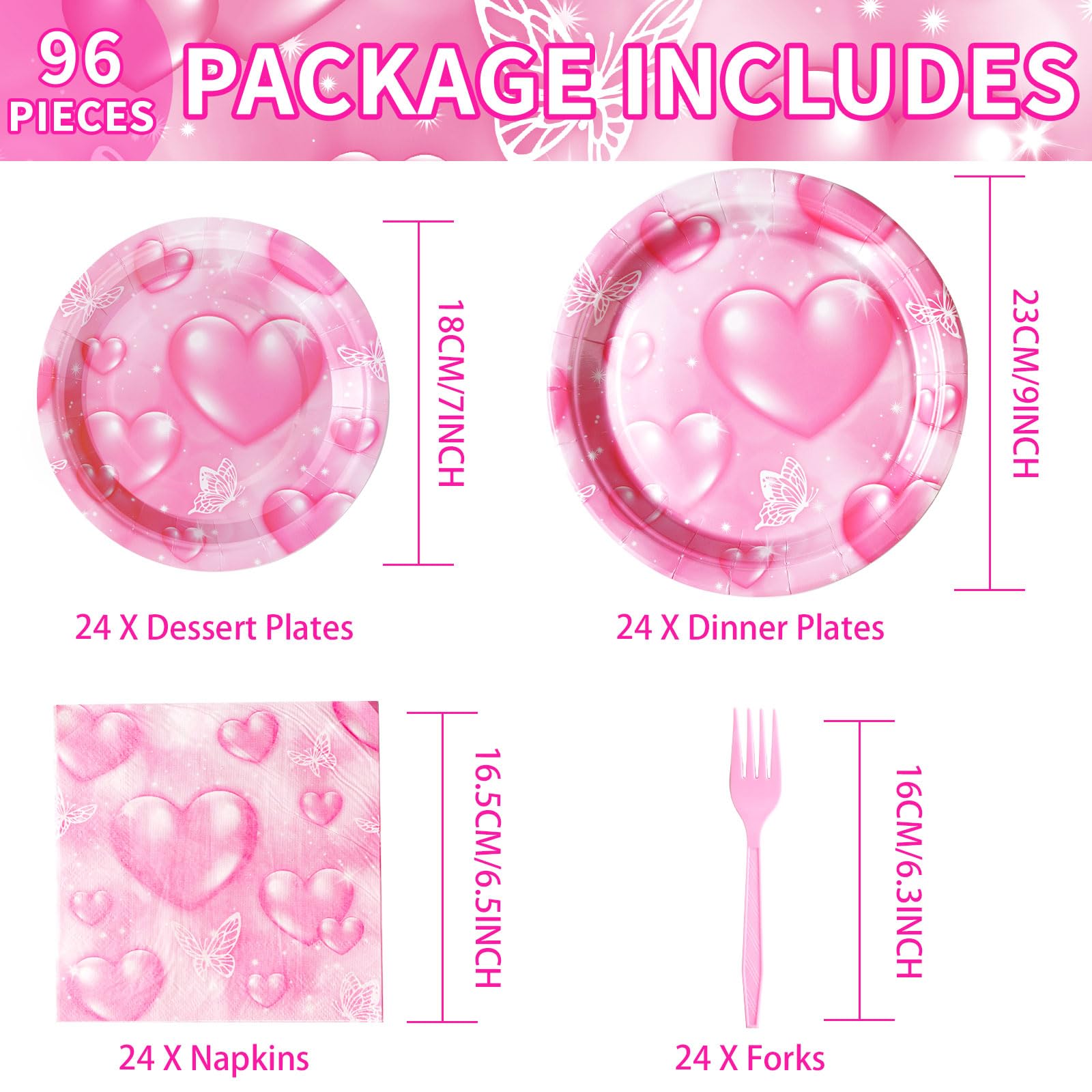 Grencian 96Pcs 2000S Party Decorations Pink Heart Party Plates Y2K 90S Heart Disposable Tableware Set For Birthday Wedding Party