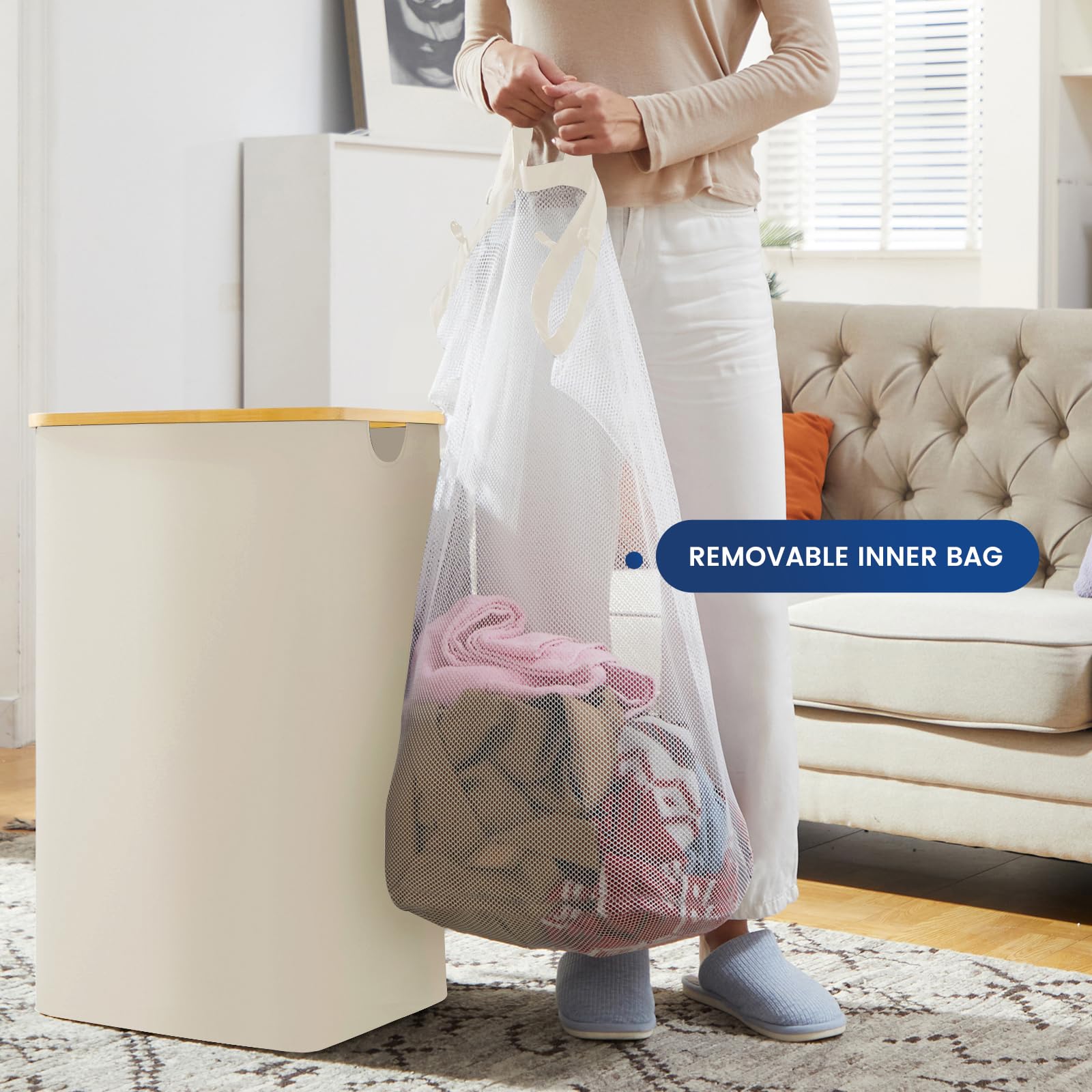 Laundry Hamper With Lid, 100L Tall Laundry Basket With Bamboo Handles Dirty Clothes Hamper With Inner Bag For Bedroom And Bathro