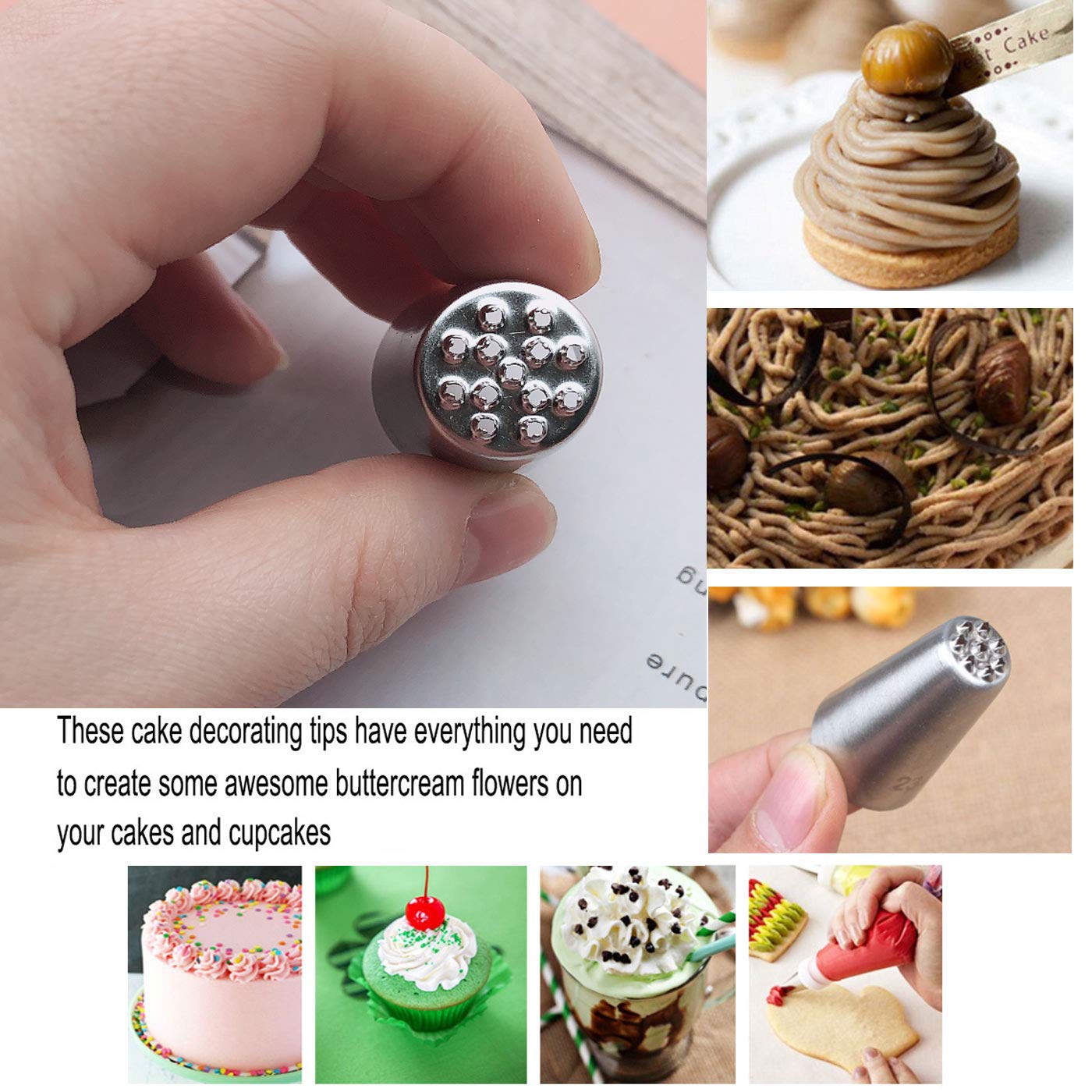 Markeny 5 Pcs Rose Piping Tips, 3Pcs Grass Cream Tips Diy Decor Baking Tool And 5 Pcs Leaf Stainless Steel Piping Nozzles Kit(13