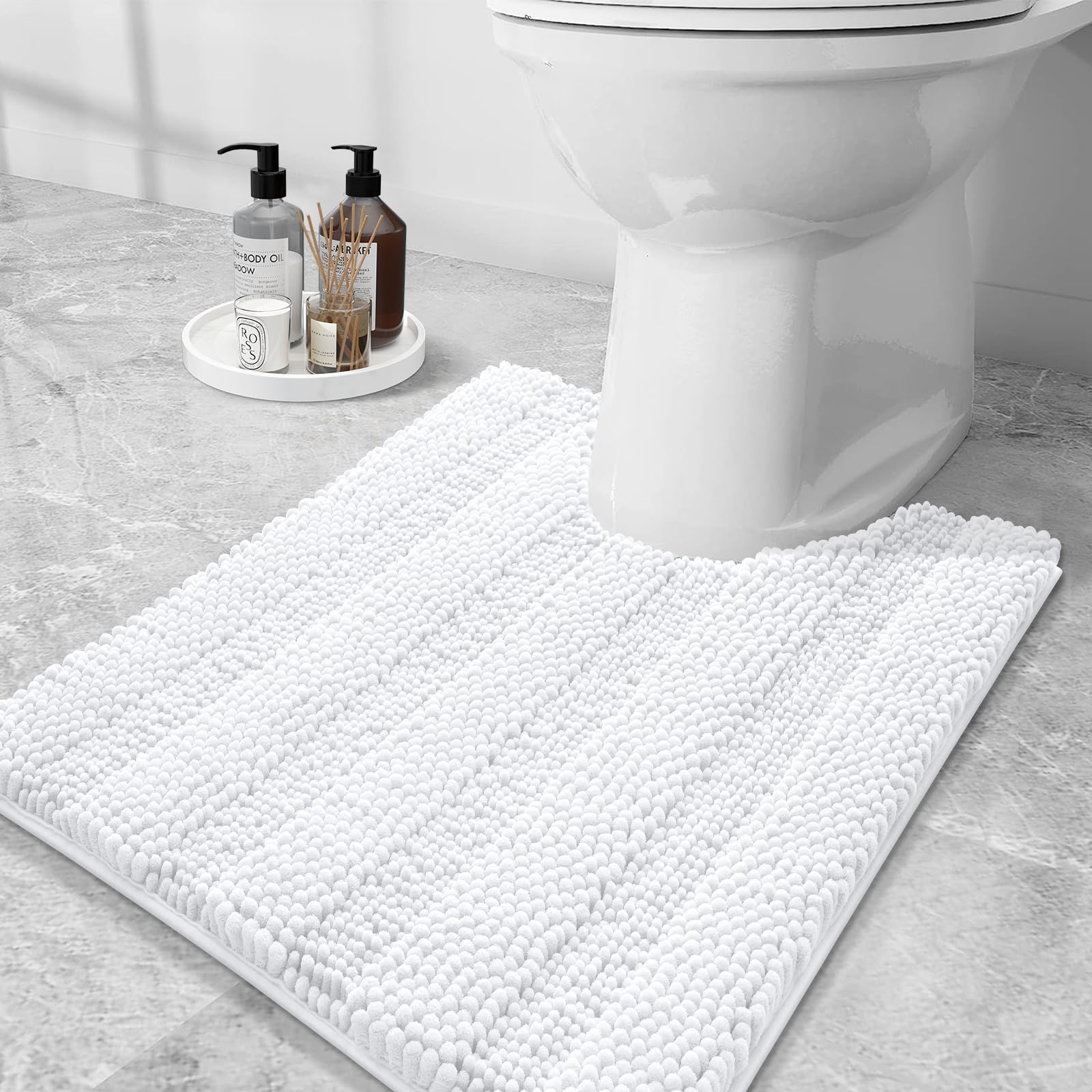Grandaily Chenille Striped Toilet Rugs U-Shaped, Extra Soft And Absorbent Bathroom Rugs, Non-Slip Plush Shaggy Bath Rug, Machine