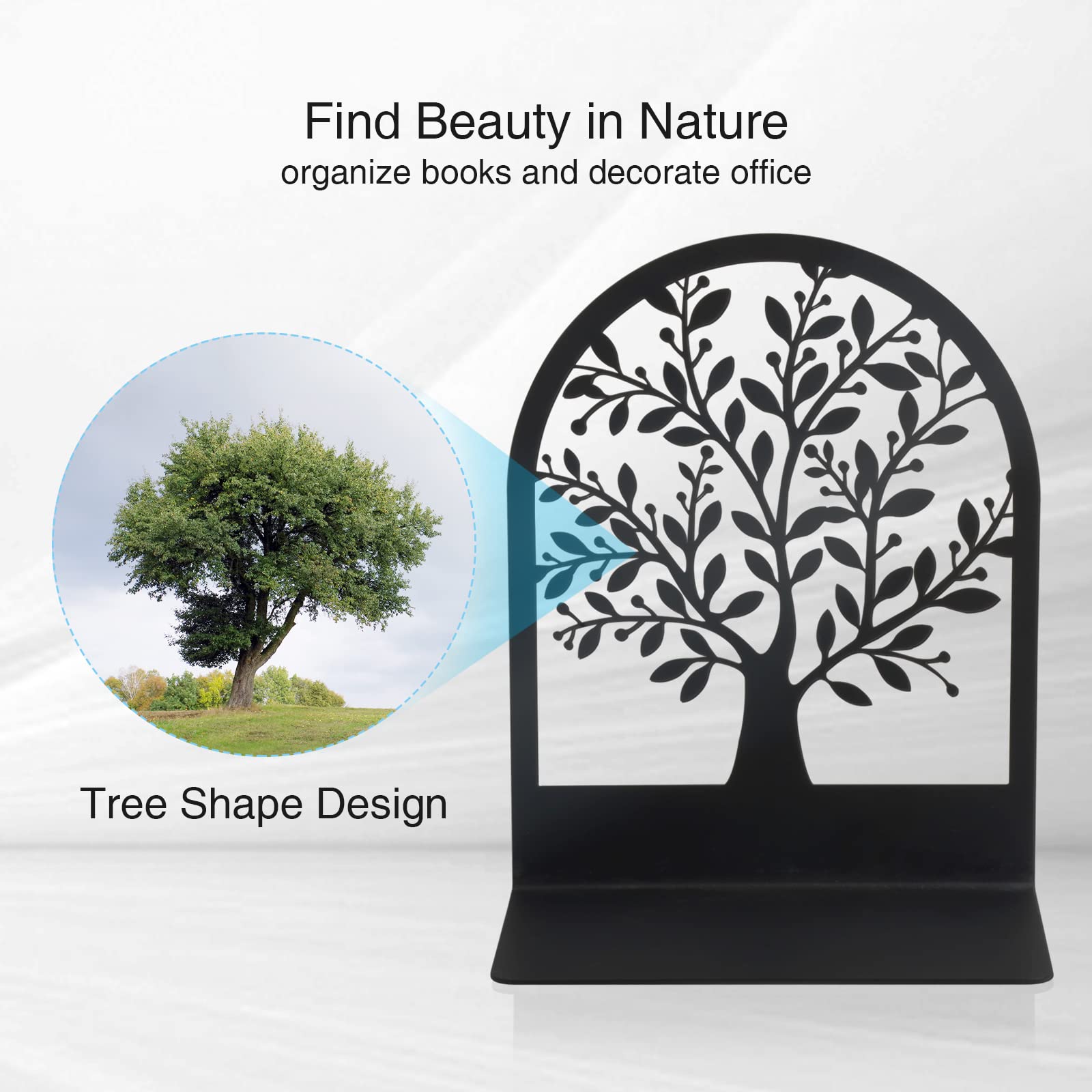 Umikk Metal Bookends - Tree of Life Design, Black Non-Skid, 7 x 5.5 x 3.5 inch, Decorative Bookends for Heavy Books (1 Pair)