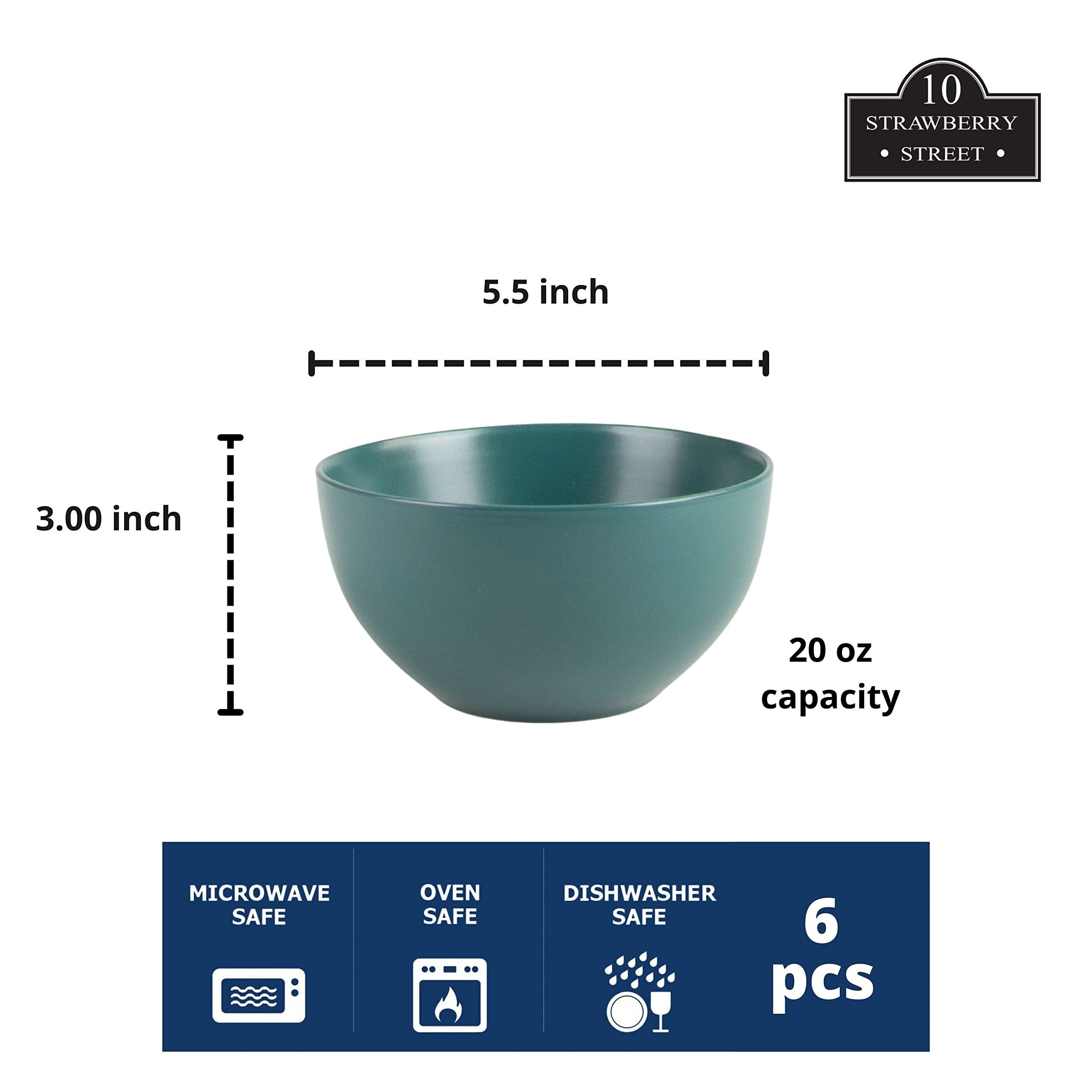 10 Strawberry Street Wazee Matte 5516oz cereal Bowl, Set of 6, Emerald green