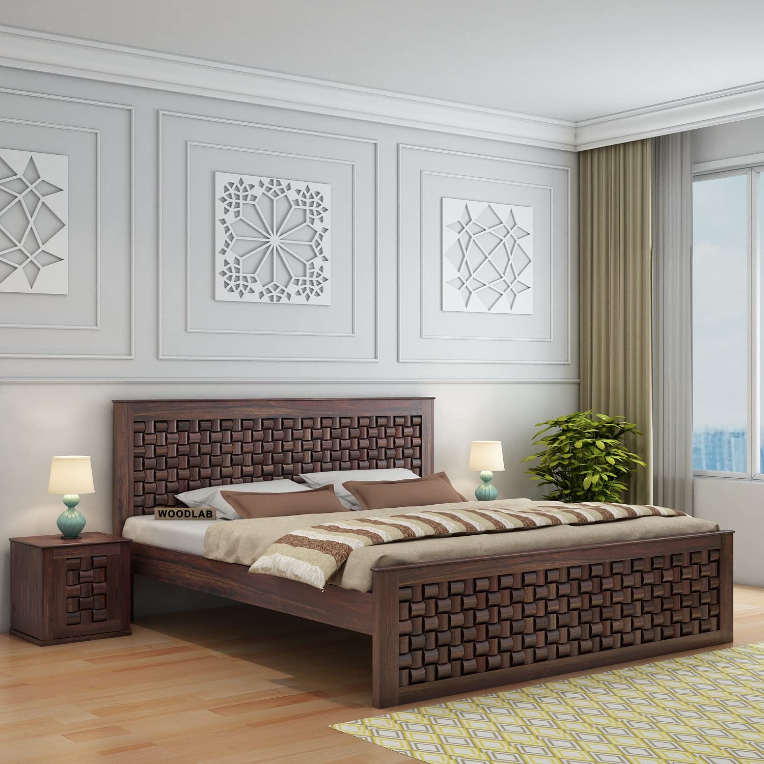 Woodlab Furniture Sheesham Wood Queen Size Bed Without Storage And With Headboard | Wooden Double Size Bed Cot Palang For Bedroo