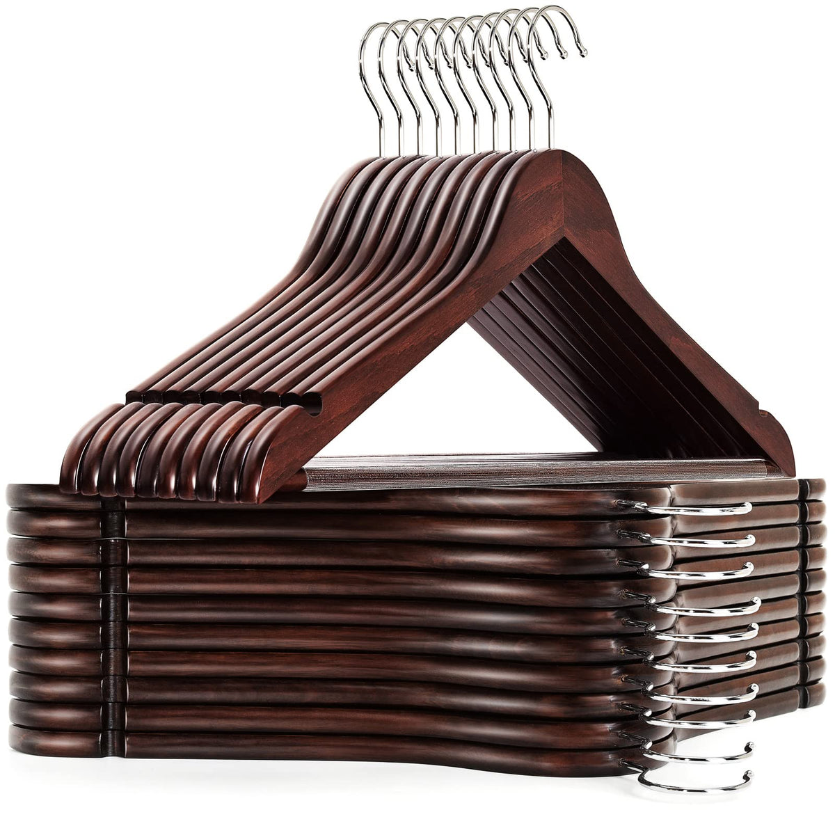 Amber Home Solid Wood Suit Coat Hangers 20 Pack, Smooth Walnut Finish Wooden Dress Hangers With Non Slip Pant Bar, Clothes Hange