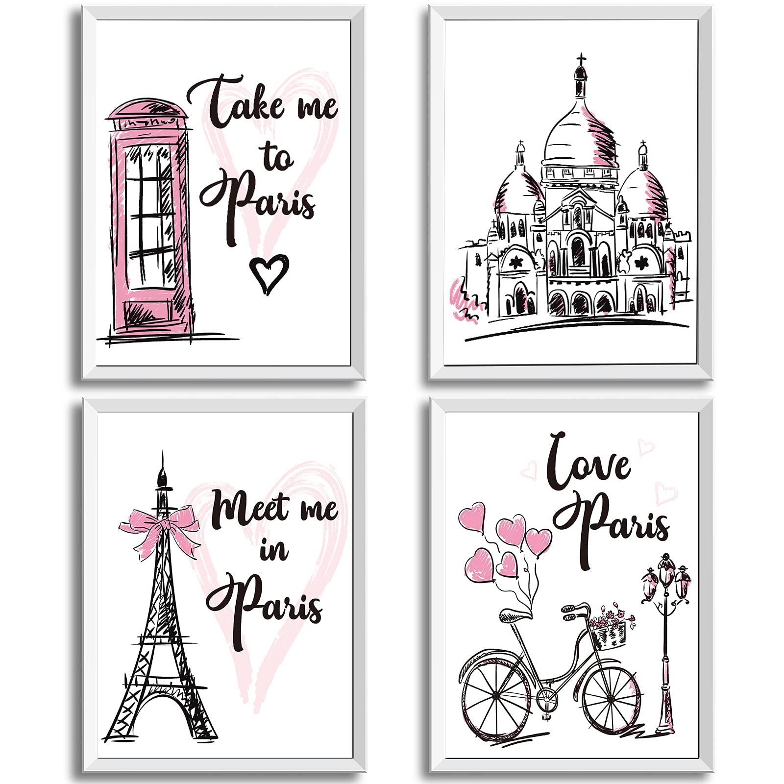4 Pieces Paris Wall Art Prints, Pink Eiffel Tower Telephone Booth Romantic Paris Theme Room Unframed Art Poster Decor For Girls