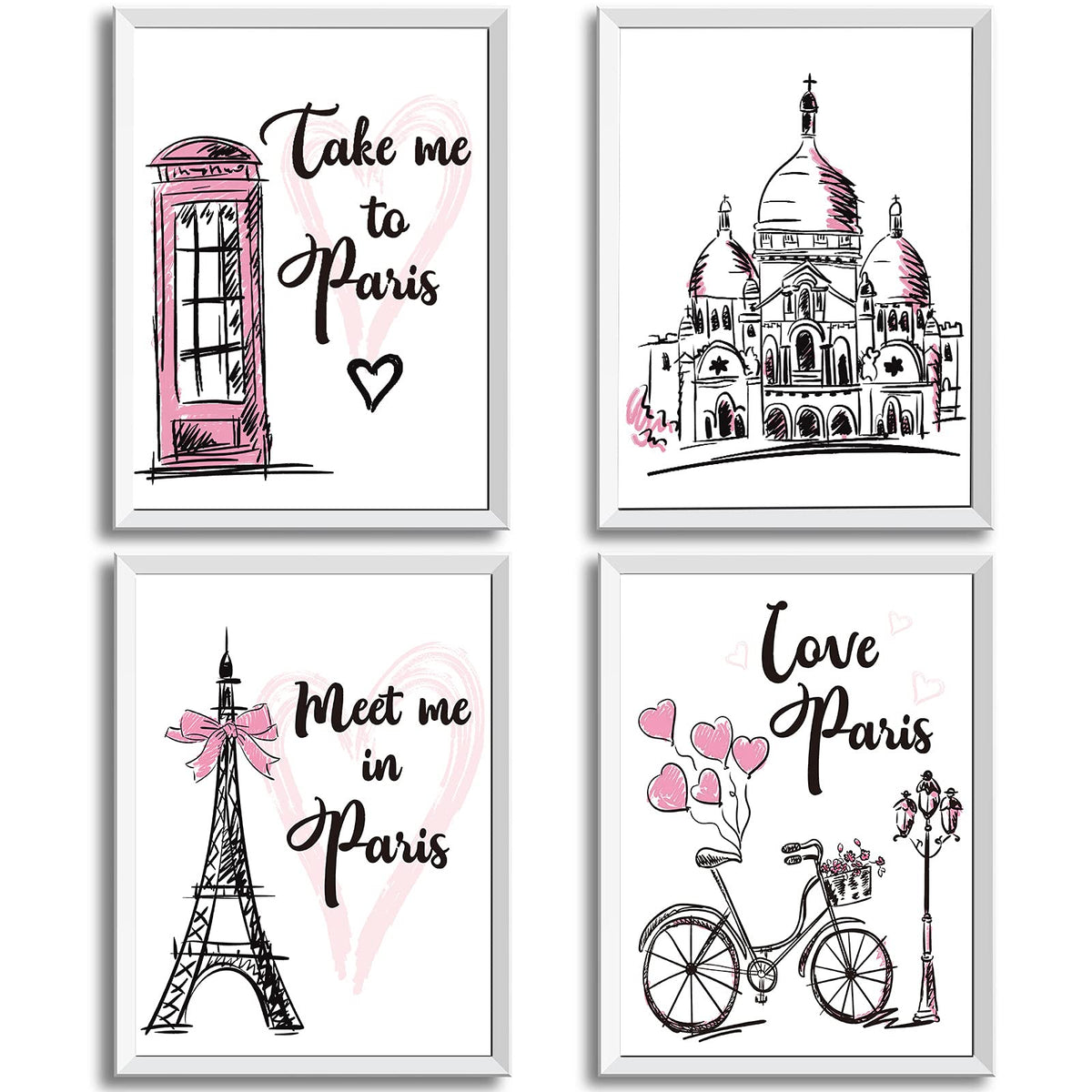 4 Pieces Paris Wall Art Prints, Pink Eiffel Tower Telephone Booth Romantic Paris Theme Room Unframed Art Poster Decor For Girls