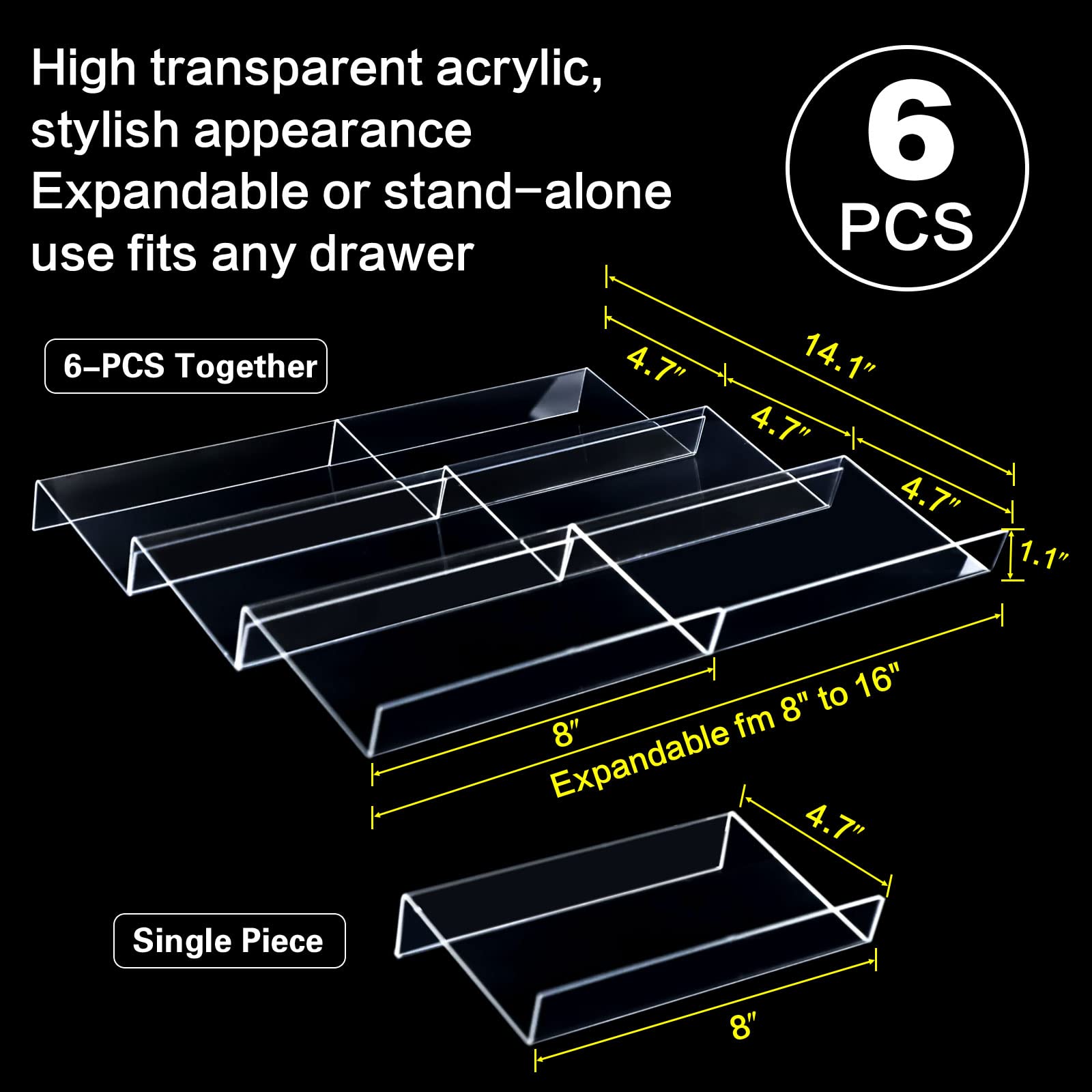 Spice Drawer Organizer, 6 Pcs Clear Acrylic In Drawer Seasoning Jars Rack, Expandable From 8'' to 16'' Kitchen Cabinets/Countert