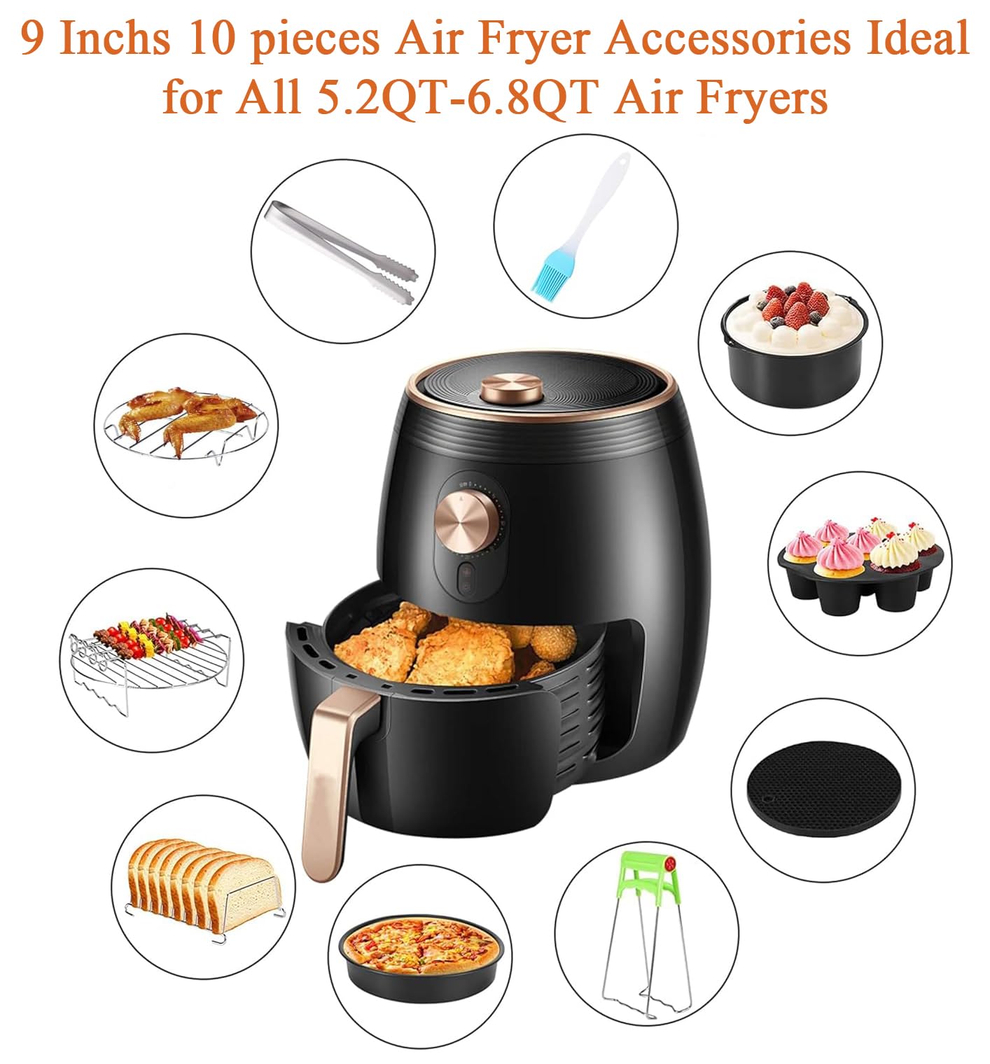 Jackgold Air Fryer Accessories Set Fit All 5.2Qt-6.8Qt And Larger Ovens, Cake & Pizza Pan, Metal Holder, Rack & Skewers, Etc, Bp