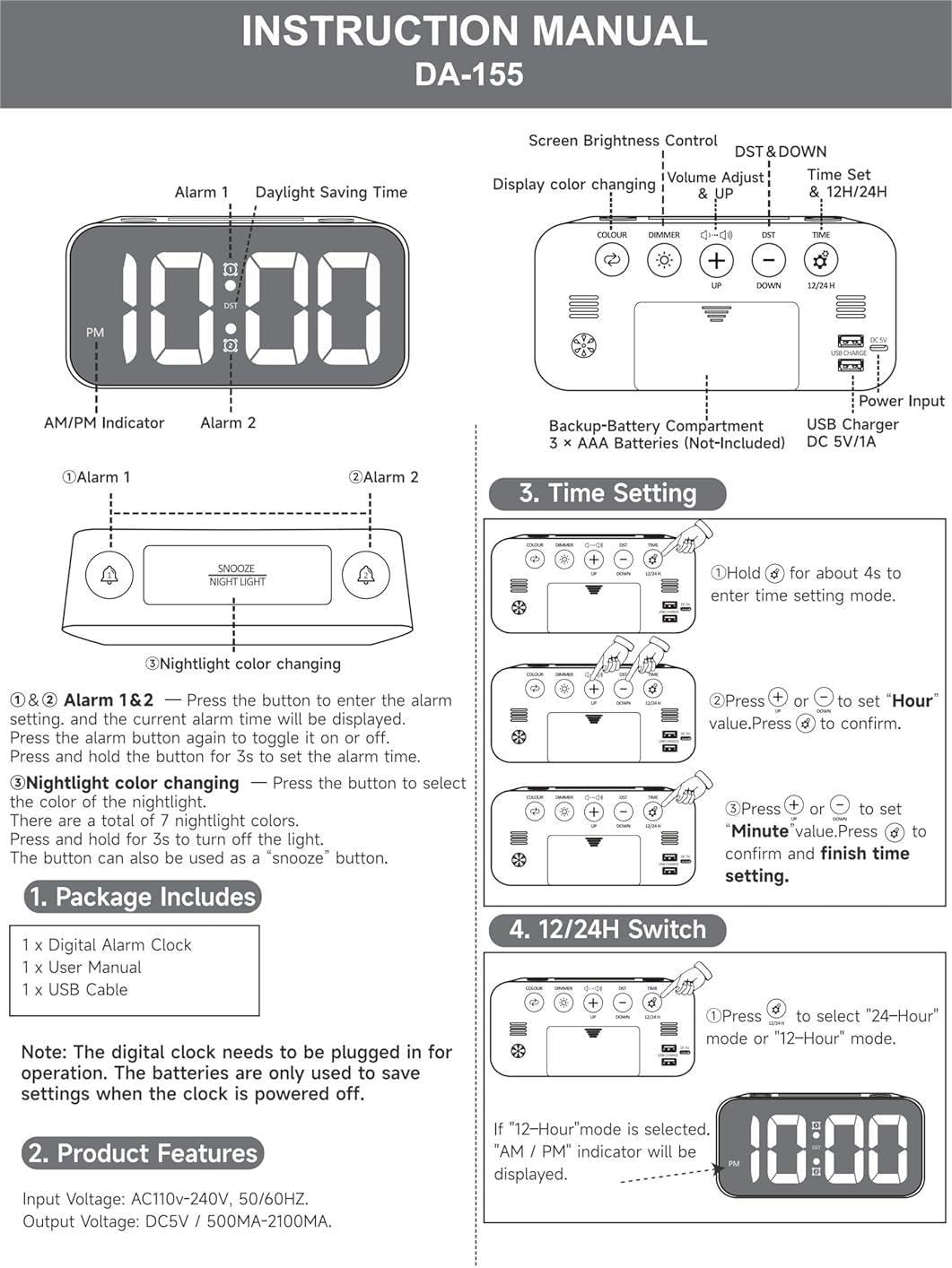 Aerys 9-Inch Digital Alarm Clock, Rgb Color Display, Night Light Dimmer, Usb Ports, Super Loud Alarm For Heavy Sleepers, Table C