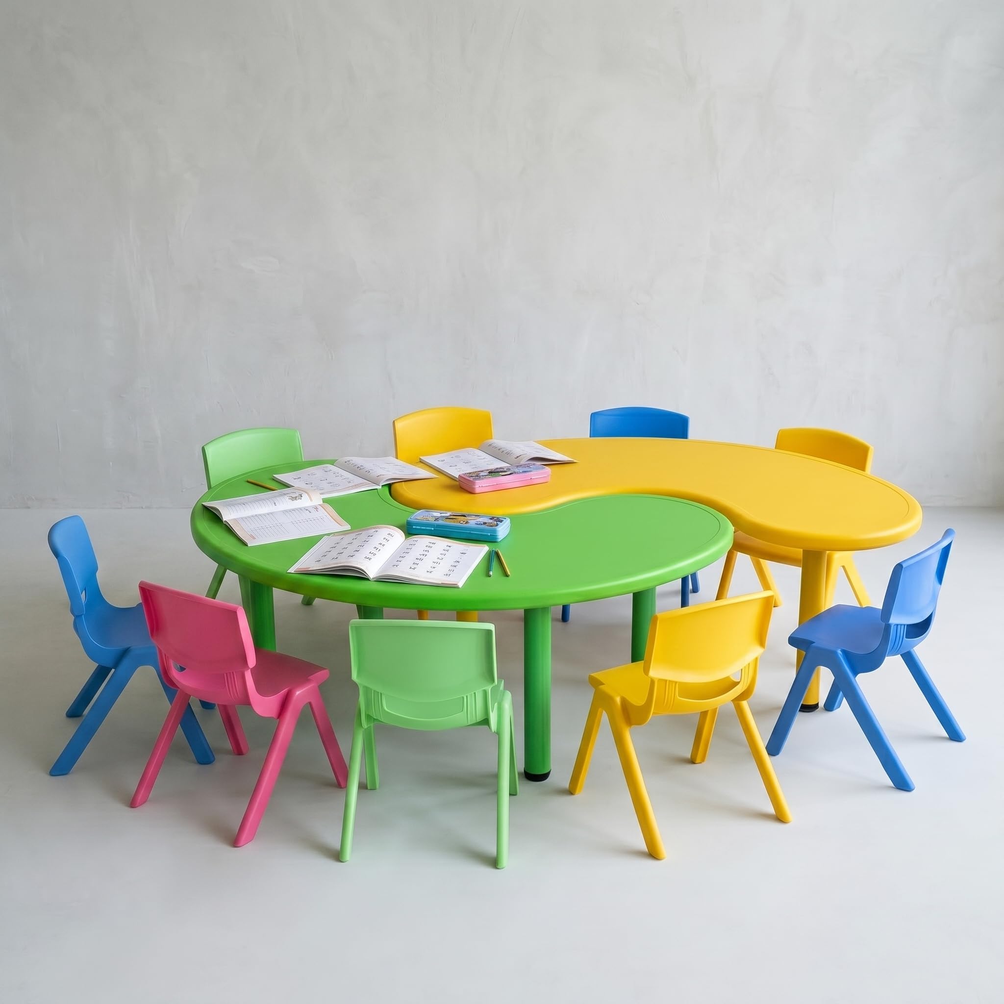 Ehomekart Kids HalfMoon Table Set Of 2 With 10 Chairs  Front Round Shape, Perfect For Home Use (53 X 20 X 20 Inches) For Kids 