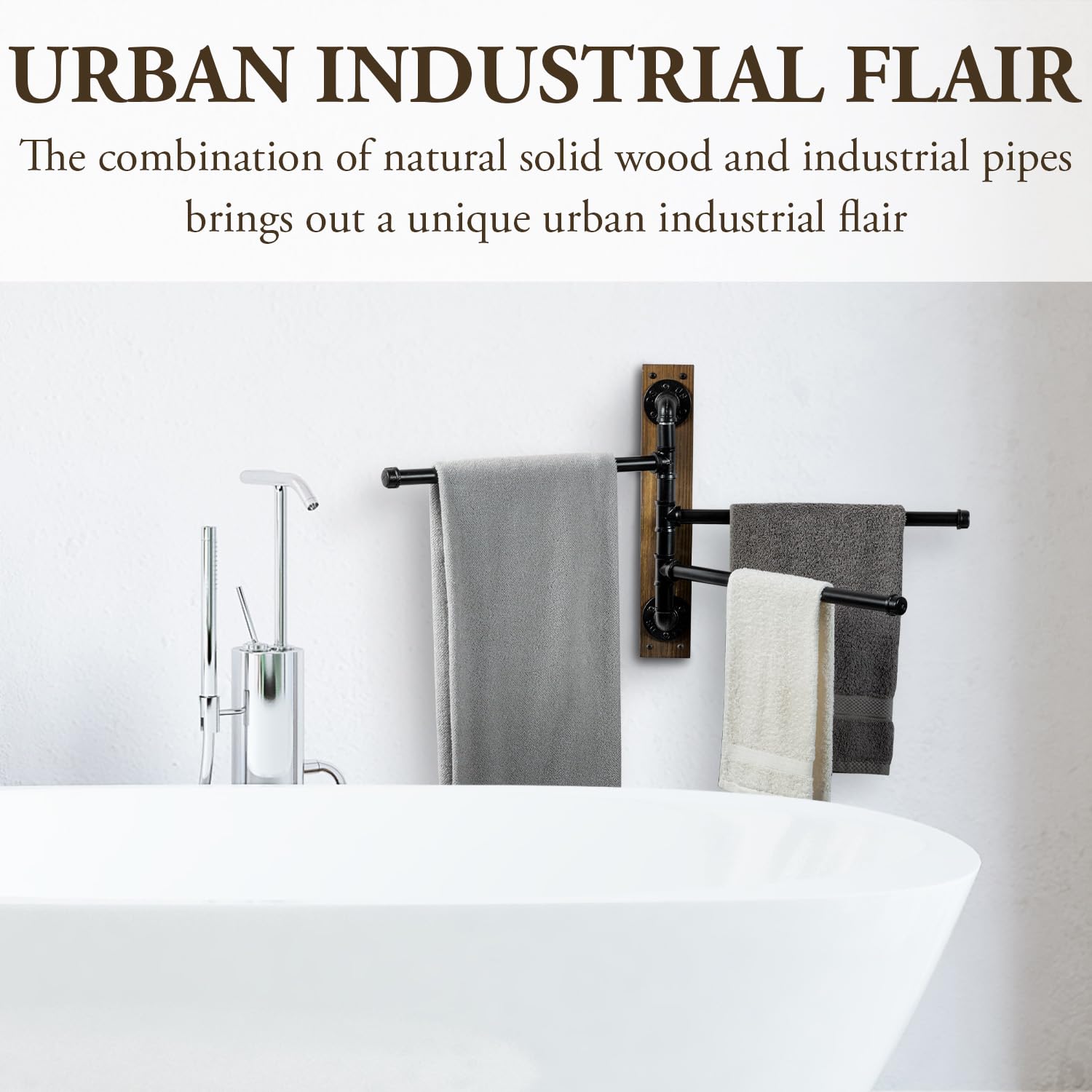 Mygift 3 Tier Wall Mounted Swivel Bathroom Towel Rack With 180 Degree Swing Industrial Matte Black Metal Pipe Bars On Rustic Bur