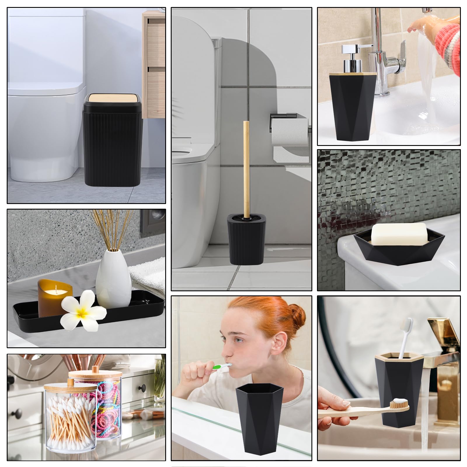 Black Bathroom Accessories Set 10Pcs Complete, Bamboo Lid Trash Can, Soap Dispenser, Soap Dish, Toilet Brush, Toothbrush Holder,