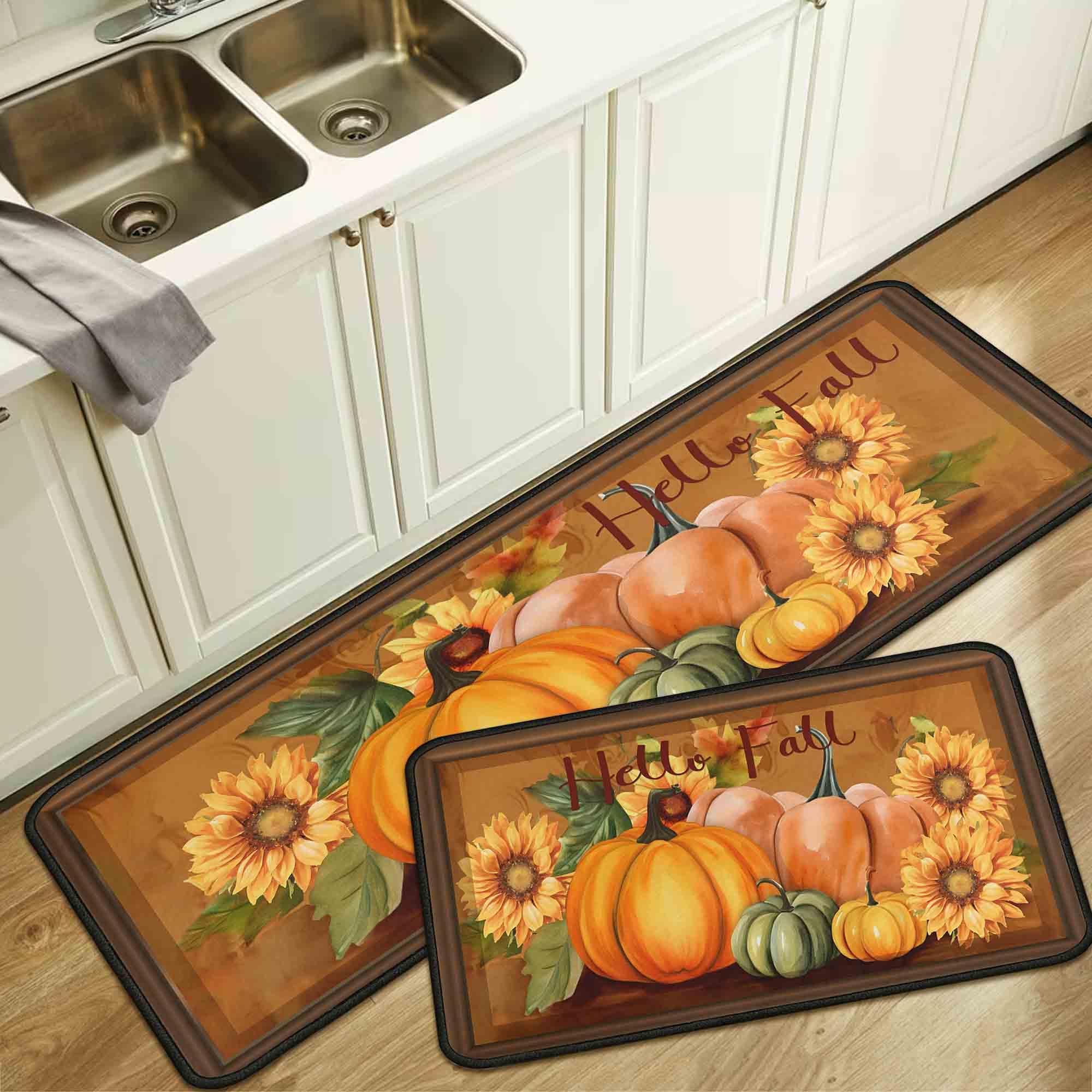 Noulmea Hello Fall Pumpkin Decorative Kitchen Rugs Set of 2,Thanksgiving Autumn Pumpkin Front Door Mat Floor Rug for Fall Home H